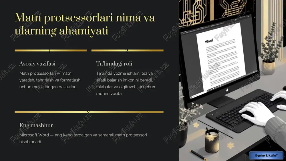 sozlamalari • shrift, o‘lcham, rang va qalinlikni o‘zgartirish matnning ko‘rinishini yaxshilaydi. paragraf sozlamalari • paragraflarni tekislash, qator oralig‘ini sozlash hujjatning o‘qilishi va tuzilishini yaxshilaydi. hujjatni boyitish • jadval va rasm qo‘shish orqali hujjatni vizual jihatdan boyitish mumkin, bu esa ma'lumotni yanada tushunarli qiladi. https://gamma.app/?utm_source=made-with-gamma imlo va grammatika tekshiruvi xatolar microsoft word imlo xatolarini avtomatik aniqlash va ularni tuzatish imkonini beradi, bu matn sifatini oshiradi. ko'p tilli qo'llab- quvvatlash rus va ingliz tillarida imlo tekshiruvi imkoniyati mavjud bo'lib, xalqaro hujjatlar bilan ishlashda qulaylik yaratadi. sifatni oshirish ta’lim jarayonida yozma ishlarning sifatini oshirishda yordam beradi, o'quvchilarning savodxonligini yaxshilaydi. https://gamma.app/?utm_source=made-with-gamma ta’limda matn protsessorlarining qo‘llanilishi • talabalar va o‘qituvchilar uchun taqdimot, referat, insho tayyorlashda asosiy vosita. • elektron darsliklar va o‘quv materiallarini yaratish uchun keng imkoniyatlar yaratadi. • hamkorlikda ishlash va hujjatlarni onlayn tahrirlash imkoniyatlari masofaviy ta'limni qo'llab-quvvatlaydi. https://gamma.app/?utm_source=made-with-gamma microsoft word yordamida ta’limiy loyihalar misoli referatlar maktabda fanlar bo‘yicha referatlar tayyorlash jarayoni word yordamida …