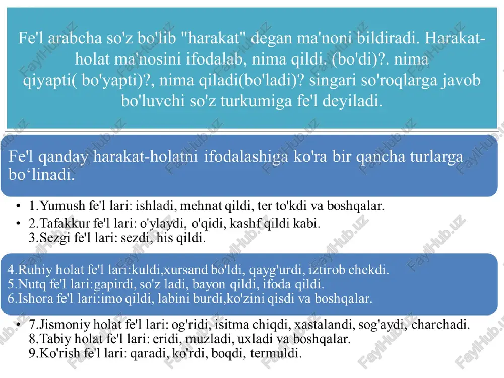 ladi. masalan: gulnoza kiyindi. (o'zlik nisbat). kiyim chiroyli qilib kiyildi.( majhul nisbat). orttirma nisbat fe'l o'zagidan ifodalangan harakatga da'vat qilingan shaxs ma'nosini anglatadi. orttirma nisbat shakllari: -t, -dir, tir, -,giz, - kuz, -g'iz, -qiz, -gaz, -kaz, -ir, -iz, -ar qo'shimchalari kiradi. ular quyidagicha qo'shiladi. ba'zan fe'l asosiga orttirma nisbat hosil qiluvchi birdan ortiq qo'shimchalar qo'shilishi mumkin. o'qit—o'qittir.. agar fe'l asosiga orttirma nisbat qo'shimchalari birdan ortiq qo'shilganda, orttirma nisbat qo'shimchasidagi so'z ma'nosi kuchayadi. fe'l larning orttirma nisbat o'zlik va birgalik nisbatdagi fe'llardan ham hosil qilinishi mumkin. :yuvin+ tir =yuvintir. orttirma nisbatdagi fe'llardan birgalik va majhul nisbatdagi fe'llar hosil qilinishi mumkin: isitildi(majhul), yozdirishdi (birgalik). orttirma nisbat qo'shimchalari o'timsiz fe'lni o'timliga aylantiradi., aynan shunga ko'ra orttirma nisbat va o'zlik nisbat qo'shimchalari o'zaro zidlanadi.. masalan, (daftarga) yozildi—(daftarni) yozdiradi. aniq nisbat harakatning ega orqali ifodalangan shaxs tomonidan bajarilishi ni bildiradi. qo'shimchasi mavjud emas:ishladi, o'qidi. o'zlik nisbati bajaruvchining o'zi ustida amalga oshadigan harakat yoki holatni ifodalaydigan …