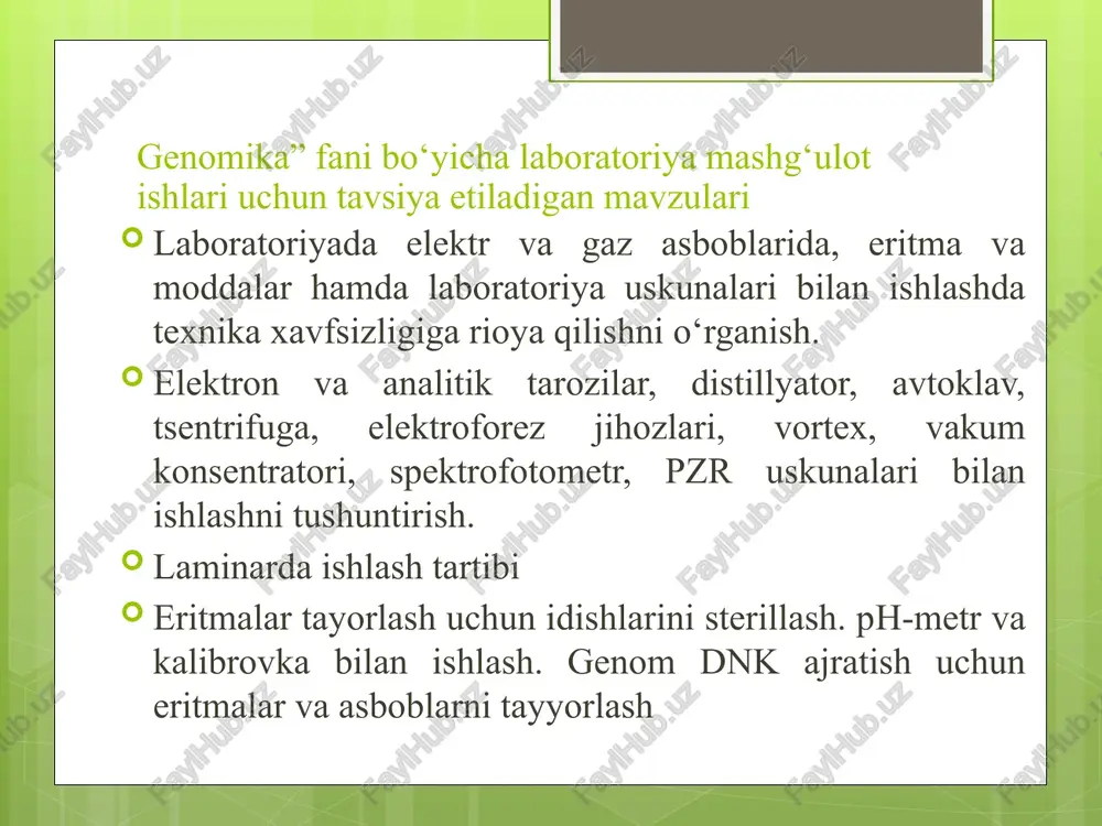 zarur jihozlar: laboratoriyadagi elektr, gaz asboblari, eritma va moddalar hamda laboratoriya uskunalari ish bajarish tartibi: 1. laboratoryada ish boshlashdan oldin xalat kiyish, suv, elektr, gaz borligini, mo‘rili shkafning ishlash ishlamasligini ko‘zdan kechirish xavfsizlik texnikasi qoidalariga rioya qilish kerak. 2. har bir talaba, iloji boricha, o‘zi uchun ajratilgan joyda ishlashi kerak. 3. o‘tkazilgan tajribaning tavsifi unda ishlatiladigan asbob va reaktivlar talabalarning ish daftarlarida to‘liq yozilgan bo‘lishi lozim. tajriba materiallarini talaba to‘liq o‘zlashtirganiga, o‘qituvchi iqror bo‘lganidan keyin, ishni bajarishga ruxsat etadi. ish bajarish tartibi: 4. tajriba o‘tkazilayotganda, tozalikka va texnika xavfsizligiga rioya qilish kerak. 5. ish vaqtida gaz yoki vodoprovod jo‘mraklari va elektr asboblari, tarozilar ishlamay qolsa, tezda laborantga murojaat qilish kerak. 6. tajriba tugagach, gaz garelkasi, suv jo‘mraklarini berkitish, gaz asboblarni o‘chirish va tajriba natijalarini laboratoriya daftariga yozish kerak. 7. spirt lampasi yoki gaz gorelkasi bilan ishlayotganda extiyot bo‘ling. spirt lampasi alangasidan foydalanib bo‘lgandan keyin, uni qopqoq yordamida o‘chiring. ish bajarish …