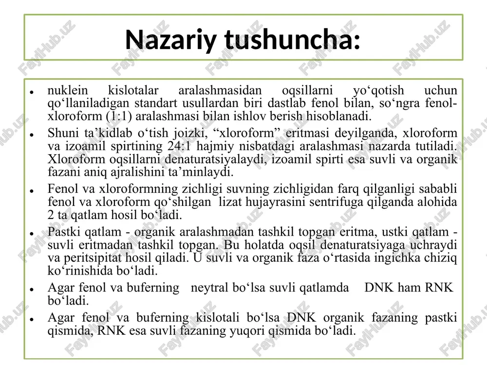 ubatsiyalanadi; 5. 500 µl fenol/ xloroform/ izoamil spirti (25:24:1) eritmalari chayqatilgan holda qo‘shiladi. dastlab sut rangli aralashma hosil bo‘ladi; 6. sentrifugada 18.000 ayl/daq 5 daq. tsentrifuga qilinadi; 7. ustki suvli faza yangi probirkaga olinadi; 8. fenol/ xloroform/ izoamil spirti (25:24:1) eritmalari bilan ekstraksiya qilish interfaza tiniq holatga kelgunicha takrorlanadi (p:5,6,7); 9. supernatant (=300-450 µl) olib tashlanadi va ustiga 2-2,5 marta ko‘proq hajmdagi sovutilgan 96 % li etanol eritmasi qo‘shiladi; 10. 1-2 soatga -20˚c ga qoldiriladi; 11. 30 sek. 15000 ayl/daq. da tsentrifugalanadi; 12.cho‘kmaga 70 % li etanol qo‘shiladi va aralashtiriladi; 13.spirt to‘kib yuboriladi va 12-jarayon takrorlanadi; 14.vakumli tsentrifugada quritiladi; 15.50 µl dein. suv yoki tye buferda eritiladi; 16. ajratib olingan dnk ni “pzr” da miqdor va sifat jihatdan aniqlanadi. 17. dnk eritmasini +4˚c da 3 haftagacha saqlash, yoki, -20˚c da bir necha oygacha saqlash mumkin (maniatis, 1984). 2.usul. guscn + sio2 li metod yordamida dnk ni ajratib olish sorbsiyali ekstraksiya …