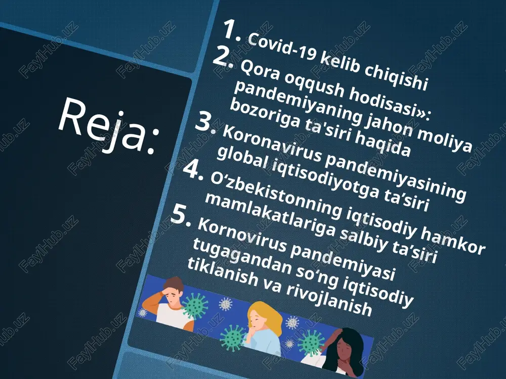 ish simptomlarni davolash hamda yordam terapiyasidan iborat. kasallik tarqalishi oldini olish uchun qoʻllarni yuvish, yoʻtalganda ogʻizni toʻsish, boshqalardan (ayniqsa, oʻzini yaxshi his qilmayotganlardan) uzoqroq masofada boʻlish tavsiya qilinadi. virusni yuqtirganini taxmin qilayotgan shaxslarga 14 kun davomida oʻzlarini izolyatsiya qilish tavsiya qilinadi talabalarga savol : «nilufar gulining soni har kuni ikki barobar o‘ssa, qachon botqoqlik yuzasini nilufar guli 50 foiz egallaydi?» javob esa oddiy – 29-kunda. o‘ttizinchi kuni esa o‘sha 29 kun davomida ko‘paygan gullar soniga teng gullar paydo bo‘ladi. tasavvur qiling, bemorlar sonining bir kunda 50 milliondan 100 millionga, yoki 1 milliarddan 2 milliardga ko‘payishini... 2019 yil dekabr oyida uxan shahrida boshlangan covid-19 epidemiyasining dunyoga ta'sirini bundan bir necha oy oldin tasavvur qilish qiyin edi. hatto ba'zi mutaxassislar covid-19’ni mavsumiy gripp yoki boshqa o‘pka kasalliklariga o‘xshatishdi, vahima qilishga o‘rin yo‘qligini ta'kidlashdi. bu – xuddi qora oqqushning avstraliya qirg‘oqlarida mavjud ekaniga ornitolog olimlar ishonmay kelishgani, toki 1697 yilda uni ko‘rib hayratda …