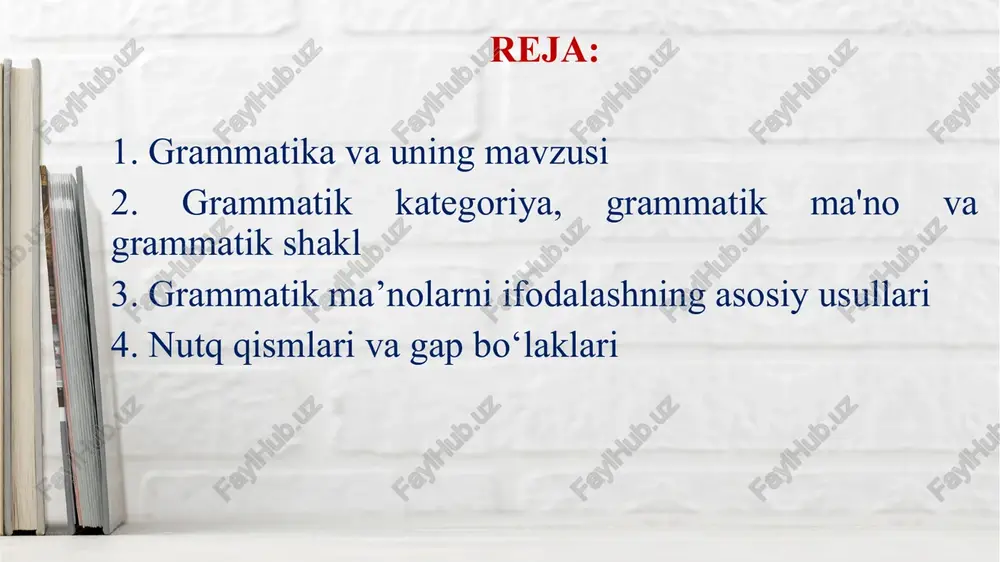shakl, logos - ta’minot) - so‘zlaming grammatik guruhlari, so‘z shaklining xususiyatlari, grammatik shakl, grammatik ma’no va grammatik kategoriyalami o‘rganadi. sintaksis (grekcha syn - birga, taxis - qurilish) so‘zlami biriktirish yo‘li bilan gap tuzish va binobarin, gap ifodalagan fikmi to‘g‘ri va aniq mazmunda yetkazish yo‘llarini o‘rganadi. morfologiya sintaksisga bo‘ysunadi. chunki morfologiya alohida so‘zlaming shakllari, tilning eng kichik ma’nodor birligi hisoblanuvchi morfemalaming turlarini o‘rganadi. sintaksis so‘z birikmalari va gap tuzishda ulaming shakl va mazmun jihatlarini mutanosib ravishda o‘rganiladi grammati̇ka qo‘yi̇lgan maqsadi̇ga ko‘ra nazariy amaliy biror tilning grammatikasini ilmiy tadqiq etish — nazariy grammatika, xalqni savodga o‘rgatish uchun oliy, o‘rta va boshlang‘ich maktablarda va umuman barchaga mo‘ljallangan. amaliy gramatika — jahon tillaridagi grammatik xususiyatlami ilmiy o‘rganuvchi — umumiy grammatika va turli qarindosh yoki qarindosh bo‘lmagan tillardagi grammatik alomatlarni chog‘ishtirib o‘rganuvchi qiyosiy-tipologik grammatika sanaladi. grammatik ma’no va grammatik vosita so‘z — umumlashtiruvchi ma’noga ega. masalan, “paxta” so‘zi ham ko‘chat, ham undan olingan mahsulotni ifodalaydi. …