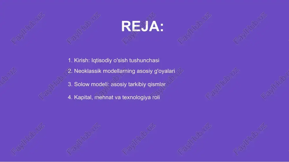 lar ishlab chiqarish samaradorligini oshiradi, bu esa uzoq muddatli iqtisodiy rivojlanishga asos yaratadi. solow modeli: asosiy tarkibiy qismlar iqtisodiy o'sishning neoklassik modellari kapital, mehnat va texnologiyani asosiy omillar sifatida ko'radi. ushbu omillar o'rtasidagi samarali muvozanat iqtisodiy taraqqiyotni ta'minlaydi. kapital ishlab chiqarish jarayonida resurslar samaradorligini oshiradi. sarmoya iqtisodiy o'sishning muhim omili bo'lib, yangi texnologiyalarni joriy etishda muhim rol o'ynaydi. mehnat resurslari sifatining oshishi va texnologik taraqqiyot ishlab chiqarish unumdorligini yuqorilantiradi. fan-texnika yutuqlari iqtisodiy tizimning barqaror rivojlanishida muhim ahamiyatga ega. kapital, mehnat va texnologiya roli 01 neoklassik iqtisodiy o'sish modellari muvozanatli o'sishni ta'minlashga qaratilgan. ushbu modellarda kapital, mehnat va texnologiyaning roli muhim ahamiyat kasb etadi. ular uzoq muddatli o'sishni tushuntirishga yordam beradi. 02 solou-swan modeli neoklassik modellar orasida eng mashhur hisoblanadi. bu modelga ko'ra, jamg'arma normasi, texnologiya va demografik o'zgarishlar iqtisodiy o'sishga ta'sir qiladi. samarasiz investitsiyalar o'sishga to'sqinlik qilishi mumkin. 03 doimiy o'sish sur'ati texnologik taraqqiyot bilan bog'liq. ilm-fan va yangi innovatsiyalar …