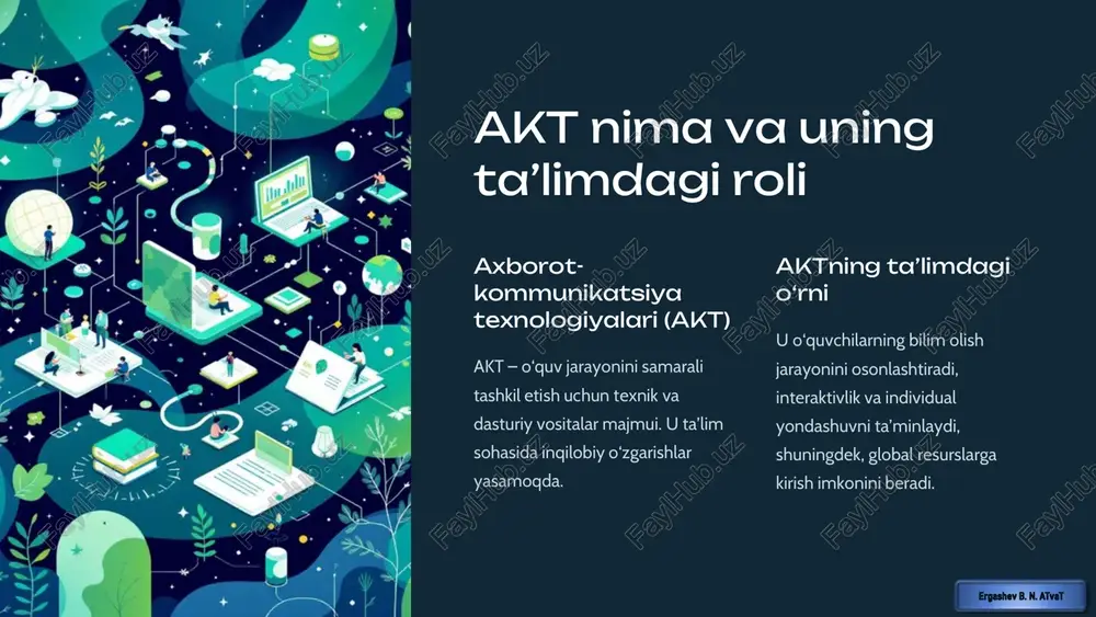 tiv resurslar: video darslar, interaktiv testlar va forumlar o‘quv jarayonini yanada qiziqarli va samarali qiladi, o‘quvchilarning faolligini oshiradi. https://gamma.app/?utm_source=made-with-gamma akt yordamida o‘qituvchilarning kasbiy rivojlanishi innovatsion metodlar o‘qituvchilar zamonaviy pedagogik texnologiyalarni o‘zlashtirib, innovatsion o‘qitish metodlarini qo‘llamoqda. muvaffaqiyatli amaliyot buxoro davlat universiteti va namangan muhandislik institutlarida akt asosida o‘qitish metodikasi muvaffaqiyatli tatbiq etilmoqda. doimiy malaka oshirish o‘qituvchilar uchun muntazam seminarlar va treninglar o‘tkazilib, ularning akt ko‘nikmalari oshirilmoqda. https://gamma.app/?utm_source=made-with-gamma aktning ta’lim sifatiga ta’siri: statistik ma’lumotlar akt qo‘llanilgan darslarda o‘quvchilarning bilim darajasi 30% ga oshgani kuzatilgan. interaktiv vositalar yordamida o‘quvchilar mustaqil fikrlash va ijodkorlik ko‘nikmalarini rivojlantiradi, bu esa ularning kelajakdagi muvaffaqiyatlariga zamin yaratadi. https://gamma.app/?utm_source=made-with-gamma aktning ta’limdagi innovatsion yondashuvlari pedagogik o‘yinlar murakkab mavzularni oson tushunishga yordam beradi va o‘quv jarayonini qiziqarli qiladi. virtual laboratoriyalar amaliy ko‘nikmalarni xavfsiz va innovatsion muhitda rivojlantirishga imkon beradi. sun’iy intellekt (ai) va adaptiv o‘quv tizimlari har bir o‘quvchiga moslashtirilgan, shaxsiy ehtiyojlarga yo‘naltirilgan ta’lim imkonini yaratadi. https://gamma.app/?utm_source=made-with-gamma aktning ta’limdagi muammolari va …