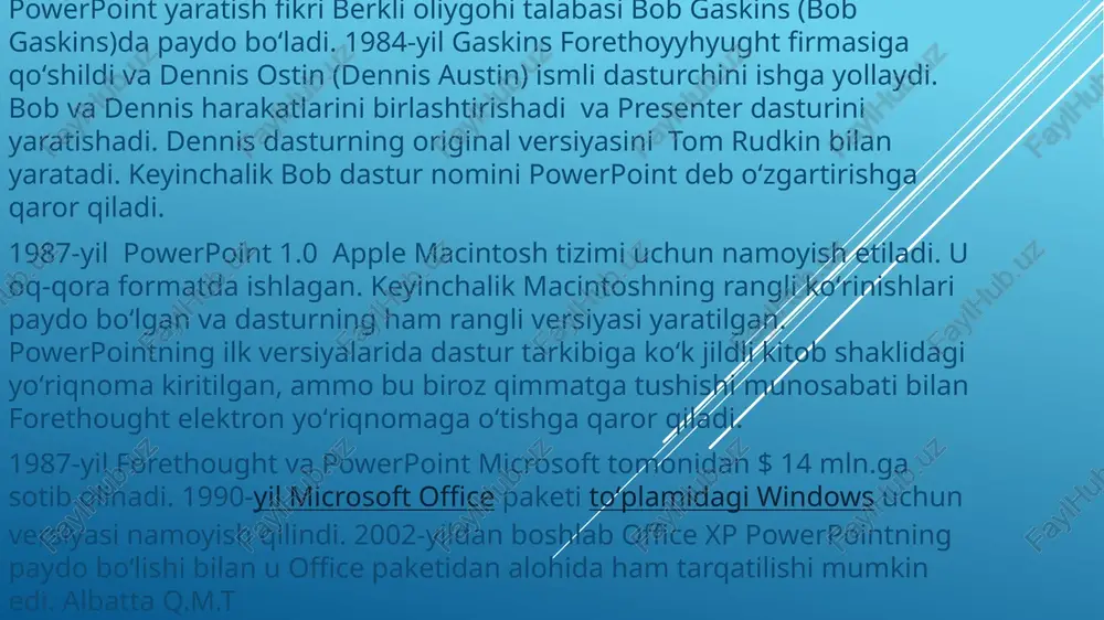 ab topdi va rivojlantirdi. hozirgi electron hisoblash texnikalari rivojlangan davirda buning yo’li juda osonlashib qolga. electron qurilmalar va shu maqsadga yo’naltirilgan vositalar bunda kata yordam beradi. aynan shunday maqsaddagi ishlar uchun ham microsoft office kompaniyasi power point dadasturini ishlab chiqargan. bu dastur yuqorida aytib o’tganimizdek turli hil grafik ko’rinishdagi axborotlar bilan, video multimediya fayillari bilan ishlash imkoniyatini beradi. aynan shu dastur orqali biz ofis dasturlarining boshqalarida uchramaydigan imkoniyatlarga ega bo’lamiz. power point dadasturi rasm va multimediya fayllari bilan ishlash imkoniyatidan tashqari ularni namoyish etishda ham katta imkoniyatlarga ega. power point 2013 dadasturini ishga tushirish uchun huddi boshqa ofis dasturlari singari windows 8 muhitida ham «pusk» menyusidan foydalaniladi. hosil bo’lgan oynaning chap tomoniga e’tibor bering bu yerda dastlab yuqorida dastur nomi va foydalanuvchi joriy holatgacha foydalangan hujjatlar ro’yhati joylashadi. oynaning asosiy qismida esa power point dasturining foydalanuvchiga takil etayotgan hujjat yaratiladigan dizaynlar eskizlari namoyon bo’lgan. bulardan foydalanuvchi o’ziga maqul bo’lgan dizaynni …