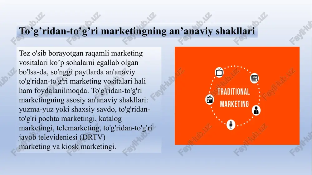 taloglar yordamida sotish uchun foydalanadigan savdo texnikasining bir turi. qabul qiluvchining katalogdan bir yoki bir nechta narsalarni sotib olishiga umid qilib, kompaniya tomonidan sotiladigan narsalar ro'yxati qog'ozda yoki onlayn platformada eslatib o'tiladi. katalog marketingi katalog jo'natuvchisi aloqa raqami, elektron pochtasi yoki katalogdagi jismoniy manzil kabi aloqa ma'lumotlarini taqdim etadi. katalogni oluvchi ushbu aloqa usullaridan biri orqali buyurtmalarni joylashtiradi. masalan, oluvchi jo'natuvchiga qo'ng'iroq qilib, o'zi xohlagan mahsulotlarga buyurtma berishi mumkin. bir nechta mahsulot ishlab chiqaradigan kompaniyalar o'z kataloglarini tayyorlaydilar va to'g'ridan-to'g'ri xaridordan buyurtma oladilar. ba'zi kataloglarda kiyim-kechak kabi bitta mahsulot toifasi mavjud bo'lsa, boshqalari turli xil tovarlar to'plamini o'z ichiga oladi. kataloglarda mahsulotlarning fotosuratlari va tavsiflari, shuningdek narxlar va buyurtma ma'lumotlari mavjud. ba'zilar buyurtma blankalari bilan birga keladi. kataloglarni chop etish eskirgandek tuyulishi mumkin, ammo garvard business review ma'lumotlariga ko'ra, 2015 yildan beri bosma kataloglarni jo'natish haqiqatan ham ko'payib bormoqda. print katalogi chop etish va pochta jo‘natmalari xarajatlarini tejash hamda chakana …