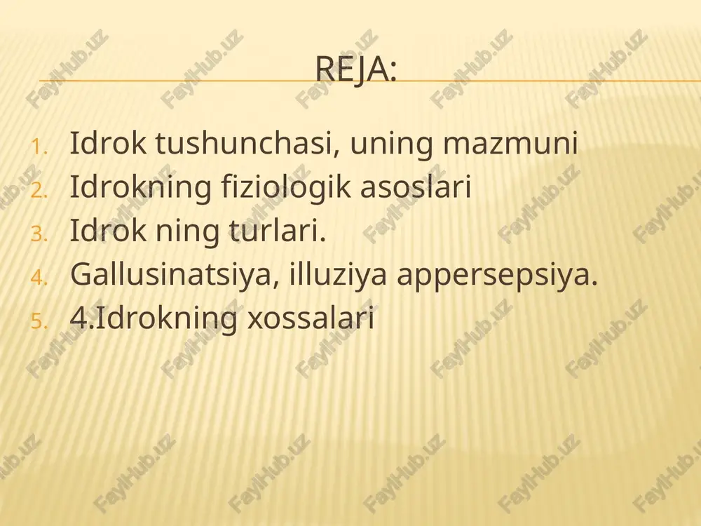 latning ishtiroki yana shunda ochiq ravshan ko’rinadiki, odam qattiq qo’rqinch hissini boshidan kechirayotgan paytda idroki yanglish bo’ladi, ya'ni kuchli hissiy holat ta'sirida ayrim narsalar boshqacha bo’lib ko’rinadi. chunonchi kechasi qorong’i ko’chada qo’rqib kelayotgan odamga ro’parasidagi to’nka pisib, poylab, o’tirgan odamga o’xshab ko’rinadi. osobuyu rol v protsesse vospriyatiya igraet rech, slovo. rechevaya ustanovka upravlyaet vospriyatiem, napravlyaet ego. vajnoy sostavnoy chastyu vospriyatiya yavlyaetsya dvijenie (mishechnaya aktivnost): dvijenie glaz pri rassmatrivanii, napryajenie i vibratsii v sluxovom analizatore pri prislushivanii i t.d. znachenie vospriyatiya v protsesse vospriyatiya mi poznaem okrujayushiy mir tselostno i predmetno. vospriyatie yavlyaetsya osnovoy dlya mnogix poznavatelnix psixicheskix protsessov (oni vse nachinayut razvivatsya vnutri vospriyatiya). na vospriyatii osnovan protsess nablyudeniya, bez kotorogo nevozmojno glubokoe poznanie okrujayushego mira. 2. idrokning fiziologik asoslari idrok ham sezgi kabi reflektor jarayon hisoblanadi. i.p.pavlov bo’yicha idrokning negizini tevarak-atrofimizdagi narsa va hodisalar reseptorlarga ta'sir etishi natijasida bosh miyaning katta yarim sharlari qobiqida hosil bo’ladigan shartli reflekslarning muvaqqat …