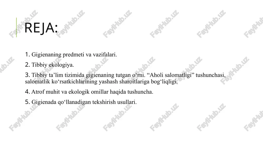 , dam olish va sportdagi faoliyatlarini hammasini gigenik jixatdan ularni tartibga solib turiladi. odam salomatligiga ta’sir ko`rsatadigan omillarni normallashtirib ya’ni ularning dozasini belgilab turish gigiena fanining asosiy maqsadi xisoblanadi. gigienik normalar cheklab qo`yiladigan (masalan: xavoda, suvda, tuproqda zararli moddalarning yo`l quyishi mumkin bo`lgan miqdorini belgilash shaklida) yoki optimal xolatga keltirish (masalan: jismoniy yuklamalar ovqat ratsionining optimal dozalarini belgilash) xarakterida bo`lishi mumkin. tavsiya etilgan gigienik normalar qonuniy yo`l bilan mustaxkamlanadi hamda sanitariya inspeksiyasi organlari tomonidan nazorat qilib turiladi. gigienada turli fan soxalari – sotsiologiya, demografiya, klimatalogiya, fiziologiya, mikrobiologiya, fizika, ximiya soxalarida qo`llaniladigan metodlar va metodikalardan foydalaniladi. tibbiy ekologiya: ekologiya nima? bu savolga 30 yil oldin javob berish oson bo’lardi, chunki “ekologiya” terminidan faqat biologlargina foydalanar edi va muhit bilan organizmlarining o’zaro aloqasini o’rganadigan fan deb qaralar edi. keyingi vaqtlarda «ekologiya» termini juda keng qo’llanila boshladi va inson bilan atrof-muhit o’rtasida bo’ladigan xoh tabiiy, xoh o’zaro aloqalarni har qanday formasida ishlatilmoqda. ekologiyaning …