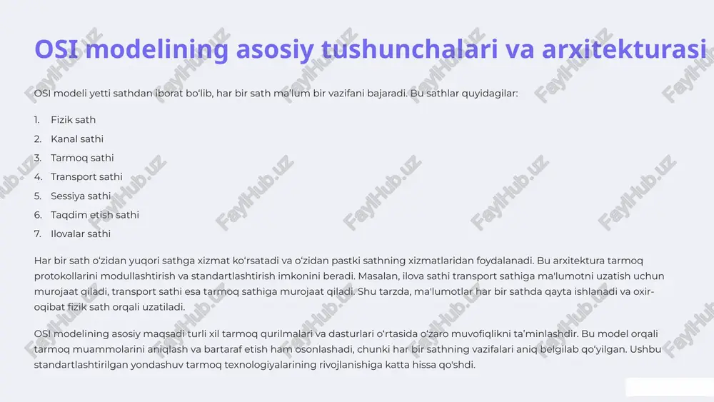 yidagilardan iborat: signalizatsiya: ma’lumotlarni uzatish uchun elektr, optik yoki radio signallarini yaratish va boshqarish. ma’lumotlarni kodlash: bitlarni fizik signallarga aylantirish va aksincha. ma’lumotlarni uzatish tezligini aniqlash: tarmoqning ma’lumot uzatish tezligini belgilash. ulanish turlarini aniqlash: tarmoq kabellari, ulagichlar va boshqa apparat vositalarini standartlashtirish. fizik sath tarmoq apparaturalari o‘rtasida ishonchli va samarali aloqani ta’minlash uchun muhim ahamiyatga ega. bu sathning xizmatlari tarmoqning asosiy infratuzilmasini yaratadi va yuqori sathlarning to‘g‘ri ishlashini ta’minlaydi. 3 kanal sathi (2-sath): ma'lumotlarni uzatish va boshqarish kanal sathi (yoki ma’lumotlar uzatish sathi) fizik sath ustida ishlaydi va tarmoq orqali ma’lumotlarning ishonchli uzatilishini ta’minlaydi. bu sath ma’lumotlarni ramkalarga (frames) ajratadi va ularni mac (media access control) manzillari orqali yo‘naltiradi. kanal sathining asosiy vazifalari quyidagilardan iborat: ramkalash: ma’lumotlarni ramkalarga ajratish va ularga bosh va oxirgi qismlarni qo‘shish. mac manzillash: qurilmalarni mac manzillari orqali aniqlash va ramkalarni to‘g‘ri manzilga yo‘naltirish. xatolarni aniqlash: ma’lumotlar uzatish jarayonida yuzaga kelgan xatolarni aniqlash va tuzatish. oqimni …