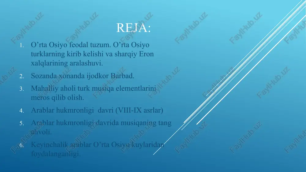 hozirgi mari) shahrida istiqomat qilgan barbad vii asr boshlarida eron sosoniylari sulolasidan bo’lgan xisrav saroyida xizmat qiladi. tarixchilar bergan ma’lumotlardan ma’lumki, barbad madhiya va tarixiy qo’shiqlar, harbiy g’alabalar to’g’risidagi qo’shiqlarni ijod etgan. ozarbayjon adabiyotining mumtoz shoiri nizomiy “xisrav va shirin” dostonida barbadning san’at shinavandalariga favqulodda kuchli ta’siri to’g’risida yozgan. tasviriy san’atning ko’p sonli obidalari mazkur davrning qurollari va muzika ishtirokidagi urf-odatlari to’g’risida ma’lumot beradi. qadimgi panjikentdan topilgan yorqin naqshlar ana shular jumlasidandir. unda ikki tomonli nog’ora va doira jo’rligida raqsli sahna, sopol idishda dafn marosimida ayol kishining marosim raqsini ijro etib turgan payti gavdalantirilgan yorqin tasvir uchraydi. kumush laganga ov manzarasi, ashula va raqs ishtirokidagi ziyofat naqshlangan. 3. mahalliy aholi turk musiqa elementlarini meros qilib olishi. mahalliy aholi turklar musiqa hayotining ba’zi elementlarini meros qilib olganlar. keyinchalik “ kitobi ko’rqut” majmuasiga kirgan ko’pgina epik turk afsonalari o’rta osiyo xalqlarida eposning (bo’lib o’tgan voqeani hikoya tarzida bayon qiladigan badiiy adabiyot turi) …