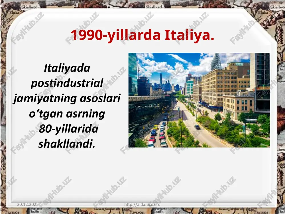 alarga erishdi. 2014-yil fevral oyidan boshlab italiya hukumatini boshqargan matteo rensi soliqlarni pasaytirish evaziga italyanlarning daromadini oshirish maqsadini e’lon qildi. 29.01.2022 http://aida.ucoz.ru 12 matteo rensi u 2015-yildan ta’lim tizimini isloh qilishni ham boshladi. 29.01.2022 http://aida.ucoz.ru 13 paolo jentiloni 2016-yil dekabrda bosh vazir lavozimini egallagan paolo jentiloni shu siyosatni davom ettirmoqda. xxi asrga kirib kelgan italiya dunyoning yetakchi mamlakatlariga nisbatan texnologik qoloqlikni bartaraf etishga, o‘z iqtisodining raqobatbardoshligini oshirishga intilmoqda. 29.01.2022 http://aida.ucoz.ru 14 savol va topshiriqlar 1. 1980 – 1990-yillarda italiya jamiyatida qanday ijobiy o‘zgarishlar yuz berdi? 2. «halol qo‘llar» kampaniyasi italiyada qanday natijalarga olib keldi? 3. xxi asr boshlarida italiya iqtisodiy rivojlanishda qanday yutuqlarga erishdi? 4. yangi asrda italiyada qanday muammolar saqlanib qolmoqda? 29.01.2022 http://aida.ucoz.ru 15 image2.jpeg image3.jpg image4.jpeg image5.png image6.jpeg image7.jpeg image8.emf image9.jpeg image10.jpeg image11.jpeg image12.jpeg image13.emf image14.png image15.jpeg image1.jpeg /docprops/thumbnail.jpeg