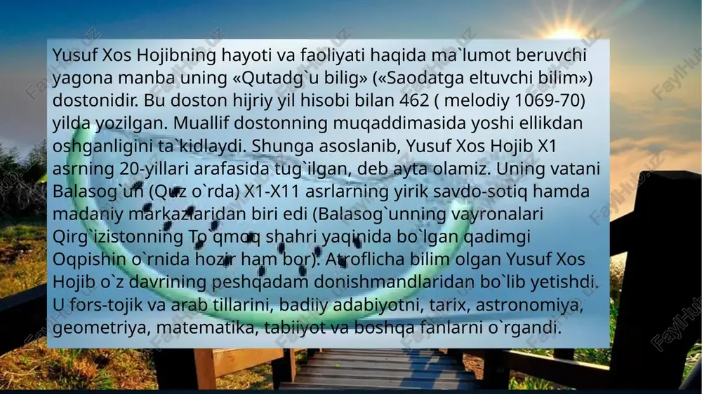 i bilan shuhrat qozondi. yusuf xos hojib «qutadg`u bilig» dostonini yaratar ekan, u qoraxoniylar davlati hokimiyatini mustahkamlash, tavg`achxon bilan ilekxonlar o`rtasidagi ixtiloflarni bartaraf etish, hukmron doiralarning turli ijtimoiy tabaqalarga munosabatini belgilash, ma`lumot va obodonchilik uchun kurash, yaxshi xulq-odobni targ`ib qilish kabi maqsadlarni o`z oldiga qo`ygan edi. «qutadg`u bilig»ning muqaddimasida ko`rsatilishicha, doston o`z davrida keng shuhrat qozongan, turkiy tildagi eng yaxshi asar deb baholangan va turli joylarda turli nom bilan yuritilgan. «..bu kitab yavlaq aziz turur. chin hakimlarining amsollari birla yaramish. mochin hakimlarining ash`orlari birla arasta qilmish... mochin olimlari va qamug` ittifoq bo`ldilar, kim mashriq viloyatinda, turkiston ellarinda bug`raxon tilincha bu kitobdin yaxshiroq hargiz kim ersa, tasnif qilmadi. bu kitob qayu podshohqa yo qayu iqlimga tegdi ersa, g`oyat uzluqindin, nihoyatidin kacha ko`rkluglukdin ul ellarning hukamolari, olimlari qabul qilib, takma biri bir turlug` ot laqab berdilar: chinlig`lar «adabul muluk» ot berdilar, mochin malikining nadimlari «oyinul mamlakat» atadilar. mashriqlig`lar «ziynatul umaro» teb aydilar. …