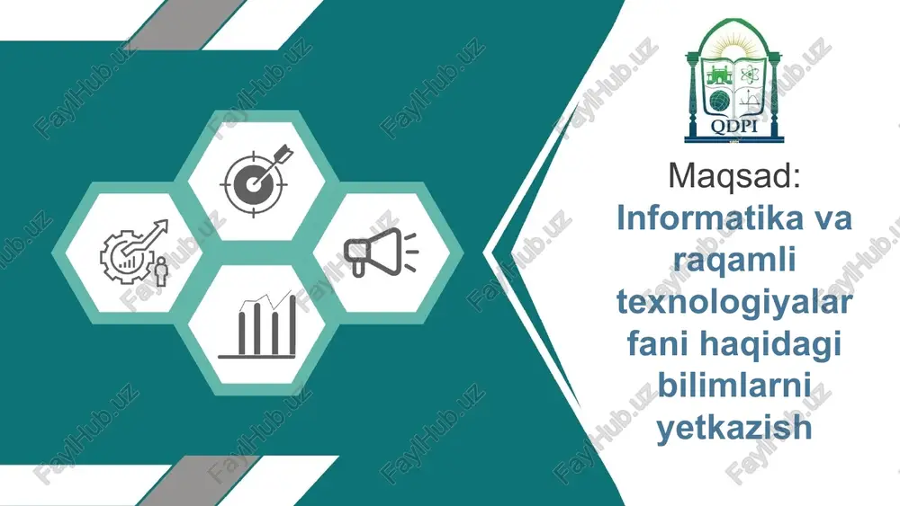 va arifmetik asoslari, elektron hukumat, elektron raqamli imzo, elektron tijorat va raqamli texnologiyalar, virtual borliq, bulutli texnologiyalar, blokcheyn va raqamli media marketing haqida nazariy va amaliy bilimlarni, ko‘nikma va malakalarni shakllantirishdan iborat. informatika va raqamli texnologiyalar ob’yekti informatika va at ning barcha elementlarini qamrab oladi: fanning shakllanish tarixi, asosiy rivojlanish yo‘nalishlari, zamonaviy informatika tuzilmasi, axborot va ma’lumot tushunchalari, axborotlarni taqdim etish shakllari: uzluksiz va diskret axborotlar, xususiyatlari, axborotli jarayonlar, axborotlarning xususiyatlari, axborotning sintaktik, semantik, pragmatik o‘lchovlari, o‘lchov birliklari, axborotlashgan jamiyatda inson, “axboriy madaniyat” tushunchasi va uning mazmuni, axboriy madaniyatni shakllantirish va rivojlantirish shart – sharoitlari va vositalari, ta’limni axborotlashtirish, jamiyat va ta’limni axborotlashtirishning huquqiy-me’yoriy asoslari, jamiyatning axborot resurslari, mantiqiy amallar, mantiqiy funksiyalar va ularning rostlik jadvali, mantiqiy sxemalar, sanoq sistemalari, pozitsion va nopozitsion sanoq sistemalari, kodlash va dekodlash tushunchalari, kodlash turlari, matnli axborotlarni kodlash usullari, grafik axborotlar va ularni kodlash, audio va video axborotlarni kodlash, axborotlarning kompyuterda tasvirlanishi, kompyuterlarda sonlarning …