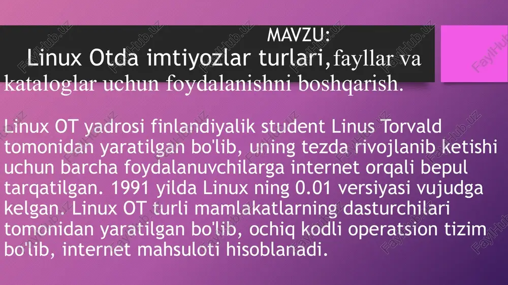 ri bilan tez oson ulanishi bilan ajralib turadi. dasturiy ta'minot: foydalanuvchilarga dasturiy mahsulotlardan foydalana olish imkoniyati, nafaqat dastur kodi (source code) balki uning kompilyatsiyalangan versiyasi, dasturlarning oson or'natilishi va tezda ishga tushishi bilan muhim hisoblanadi. bunday dasturlarga java ni qo'llab quvatlovchi ochiq kodli dasturiy ta'minot netscape ni keltirishimiz mumkin. shu bilan birgalikda mozilla, thunderbird, firefox ham ular qatorig kiradi. platforma: linux nafaqat intel bazasidagi platformalar uchun balki, apple (ppc linux), compaq's alfa, mips, motorola 68k asoslangan mashinalar, 64 bitli tizimlar va ibm s/390x platformalari uchun mo'ljallangan. linux ko'pprotsessorli hisoblash mashinalarida ishlaydi. ushbu bo`limda fayllar ustida qidirish, ko`chirish, tartiblash, solishtirish, chop qilish utilitalari o`z ichiga oladi. buyruqlar satri orqali faylning bir yoki undan ortiq harfini yozgandan so`ng tab tugmasini bosgandan keyin faylning to`liq nomini avtomatik tarzda kompyuter tomonidan buyruqlar satriga yoziladi. cp: faylni nusxalash cp(copy) utiliti fayldan nusxa olishga xizmat qiladi. bu utilita orqali istalgan turdagi fayldan nusxa olish mumkin. ushbu …