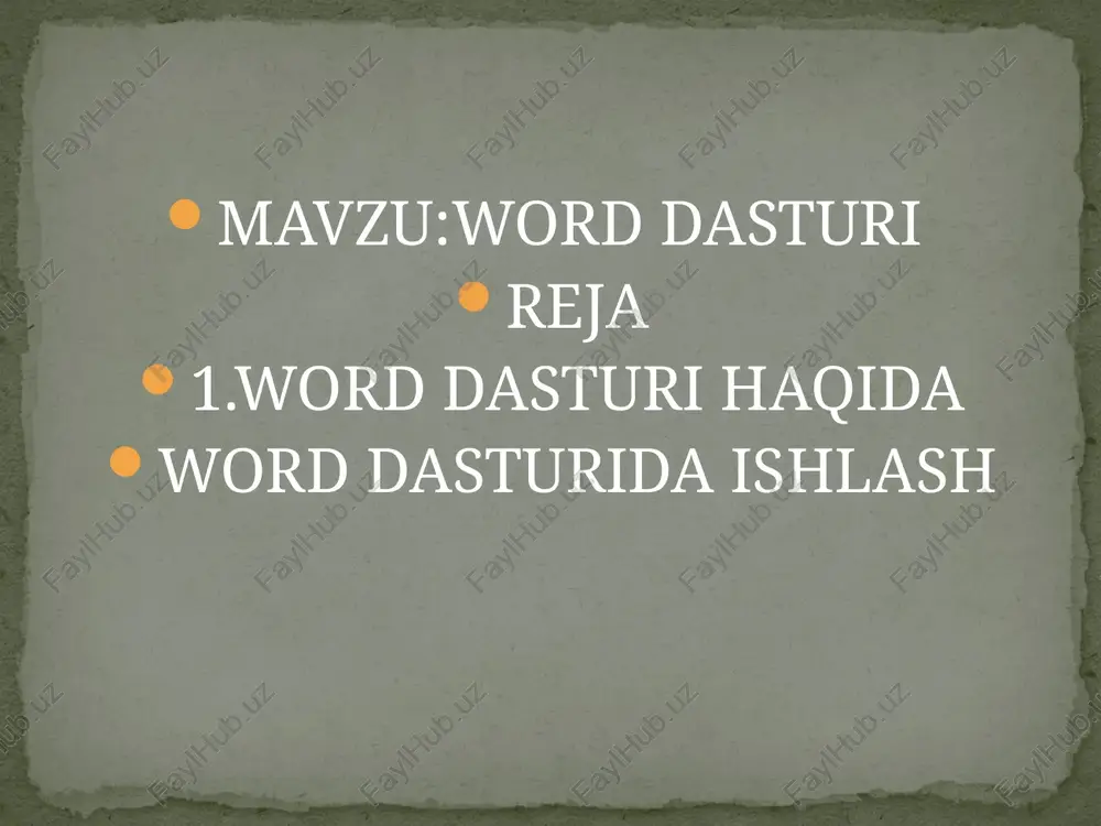 h j i 16, ctrl+z - oxirgi harakatni bekor qilish 17, ctrl+y - bekor kilingin harakatni qaytarish ; 18, ctrl+shift+e - slaydning tanlangan obyekt harflar shaklini o‘zgartirish 19. ctrl4shift+p - slaydning tanlangan obyekt harflar kattaligini o‘zgartirish 20. ctrl+shift+>=> - slaydning tanlangan obyekt harflar kattaligini bitta kadamga kattalishtirish hozirgi kunda hujjat yaratish, kitob, darslik, gazeta bunda elektron shakldagi va jurnal, buklet va otkritkalarni nashrga tayyorlash hujjatlarni kompyuterda tez va va chop etishning yangi usul hamda vositalari oson usulda gayta ishlash, chop qo'llanilmoqda. etish, ko’paytirish yoki elektron pochta orgali jo‘natish imkoniyati mavjud. buklet va otkritkalar hujjat gazeta va 5 elektron pochta jurnal ko paytirise orqalijo'natish e’ tiboringiz uchun rahmat! /docprops/thumbnail.jpeg namangan: muhandislik qurilish insituti.sanoatni ahborotlashtirish fakulteti &-guruh-23 talabasi gulomov ramizhekning qurilishda axborot tehnalogivalaridan, ‘tayyorlagan ishl