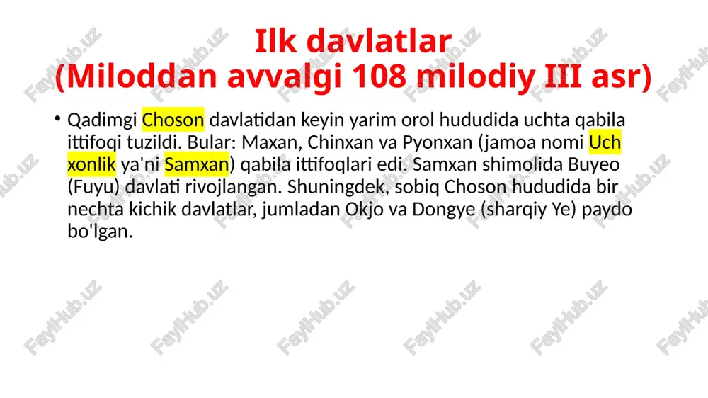 ganligi xususida tarixchilarda yagona fikr yo‘q, lekin, u iv asr oxiri – v asr boshlarida yarim orol shimoli hamda qo‘shni lyaodun yarim oroli hududini egallagan kuchli davlat bo‘lgan. yarim orol janubida davlat paydo bo‘lish jarayoni pekche, saro, kaya qabilalari tomonidan zaifroq qo‘shnilarni bo‘ysindirish orqali yuz bergan. bo‘ysundirilgan yerlar zodagonlari tabiiy ravishda bosqinchi zodagonlar bilan qo‘shilib ketgan pekche. pekche jamoasi iii–iv asrlarda qo‘shni jamoa va qabilalarni bo‘ysundirgan. koreya janubiy g‘arbida xangan va kimgan dayorlari havzalarida ancha kuchli pekche davlati paydo bo‘lgan. v–vi asrlarda yarim orolning janubiy sharqiy qismida silla davlati vujudga kelgan. uning yadrosini saro (sobol) qabilasi tashkil etgan. yangi davlatda ma'muriy bo‘linishning hududiy qoidasiga asoslangan. turli darajadagi maxsus amaldorlar boshqarmasi vujudga kelgan. silla davlatining eng janubidagi kaya qabilalari ittifoqi va uzoq usam orolini o‘ziga qo‘shib olgan. shunday qilib, vi asrga kelib koreya yarim oroli hukmronlik uchun o‘zaro kurashayotgan koguryo, pekche va silla davlatlari bo‘lgan manbalarda vaqt o‘tib qullar ishlab chiqarishda …