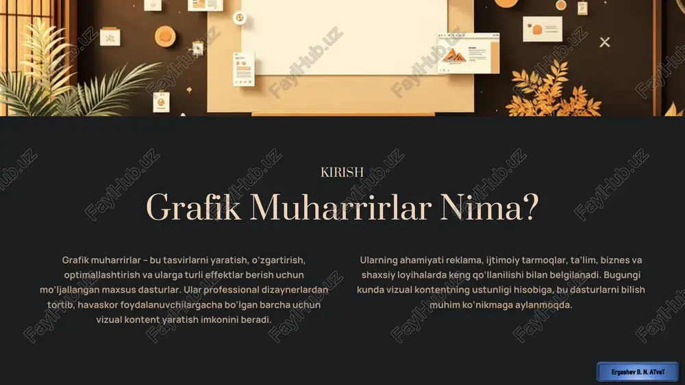 shablon kutubxonasi: 250,000 dan ortiq bepul shablon va millionlab media fayllar. • ai yordamida yaratuvchanlik: matndan rasm yaratish, avtomatik fonni olib tashlash va matn effektlari kabi ai xususiyatlari. • hamkorlik imkoniyatlari: jamoaviy loyihalarda real vaqtda ishlash, sharhlar qoldirish va dizaynni birgalikda tahrirlash. • foydalanish qulayligi: sodda sudrab-tashlash interfeysi tufayli dizayn tajribasi talab etilmaydi. https://gamma.app/?utm_source=made-with-gamma chuqur tahrirlash uchun paint.net: kuchli va bepul dastur paint.net – bu fotosuratlar va rasmlarni tahrirlash uchun mo‘ljallangan bepul grafik muharrir. oddiy interfeysga ega bo‘lishiga qaramay, u qatlamlar bilan ishlash, filtrlash va maxsus effektlar qo‘shish kabi kuchli imkoniyatlarni taqdim etadi. • qatlamlar bilan ishlash: har bir elementni alohida qatlamda tahrirlash orqali murakkab kompozitsiyalar yaratish. • cheksiz bekor qilish tarixi: amalga oshirilgan har qanday o‘zgarishni istalgan paytda bekor qilish imkoniyati. • maxsus effektlar: fotosuratlarga turli filtrlarni qo‘llash, ranglarni sozlash va optik buzilishlarni tuzatish. • kengaytirmalar: ko‘plab plaginlar orqali dastur funksionalligini kengaytirish mumkin. https://gamma.app/?utm_source=made-with-gamma dizayn jarayoni tasvir yaratish bosqichlari …