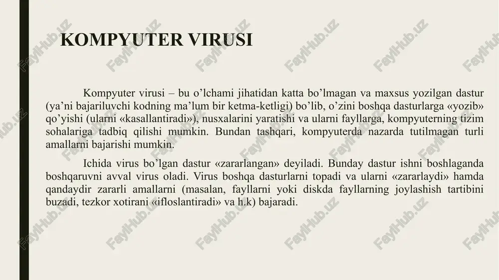 yuter egasini ogoxlantirmay va uning istagiga qarshi uning dasturiga "joylashtiriladi" va zaryadlangan faylni navbatdagi qoʻyishda koʻpayadi. kompyuter virusi kompyuterning risoladagi ish meʼyorini buzadi, maʼlumotlarni oʻchirib yuboradi, displey (monitor) ekranidagi tasvirni buzadi, hisoblash jarayonini sekinlashtiradi. kompyuter virusi dasturini ishlab chiquvchilar 20-asr 80-yillari boshida aqshda paydo boʻldi, keyin dunyoning barcha mamlakatlariga tarqaldi. kompyuter virusiga qarshi kurashish uchun maxsus dasturlar ishlab chiqiladi. kompyuter virusi klassifikatsiyasi ekspertlarning hisoblariga ko’ra, hozirgi kunda mavjud bo’lgan viruslar soni 10 000 000 dan ortib ketdi. har kuni 8-10 ta yangi viruslar yaratilmoqda. hozirgi kunda amalda harakatda bo’lgan viruslarning soni 300 ga yaqin deb hisoblanmoqda. taniqli virusologlardan biri yevgeniy kasperskiy viruslarni belgilari bo’yicha quyidagicha tasniflashni taklif qiladi: virusning yashash muhiti bo‘yicha yashash muhitini zararlash usuli bo‘yicha destruktiv imkoniyatlari bo‘yicha virus algoritmining o‘zgachaligi bo‘yicha virusning yashash muhiti bo‘yicha: tarmoq – kompyuter tarmog‘i bo‘yicha tarqaladi. fayl – bajarilayotgan fayllarga tadbiq qilinadi. yuklanuvchi – diskning yuklash sektori (boot-sektor)ga tadbiq qilinadi. yashash muhitini …