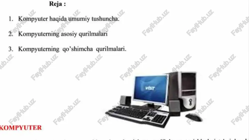 zli axborotni chiqarib beruvchi qurilma skaner ma’lumotlarni nurli lampa yordamida rasmli ko’rinishda kompyuter xotirasiga o’qib oluvchi qurilma sichqoncha kompyuterga axborot kirituvchi qurilma. _printer matritsali purkovchi lazerli ene printer- ma?lumotlarni chop 7etish uchun qo’ llaniladigan qurilma, ya’ni qog’ozga chiqarish va chop etish. printer 3 xil bo’ ladi. 1. ignali 2. lazerli 3. siyohli /docprops/thumbnail.jpeg quiilishda axborot texnologiyalari fani mavzu:kompyuter qurilmalari. tuzwvchixasanboyev azizbek