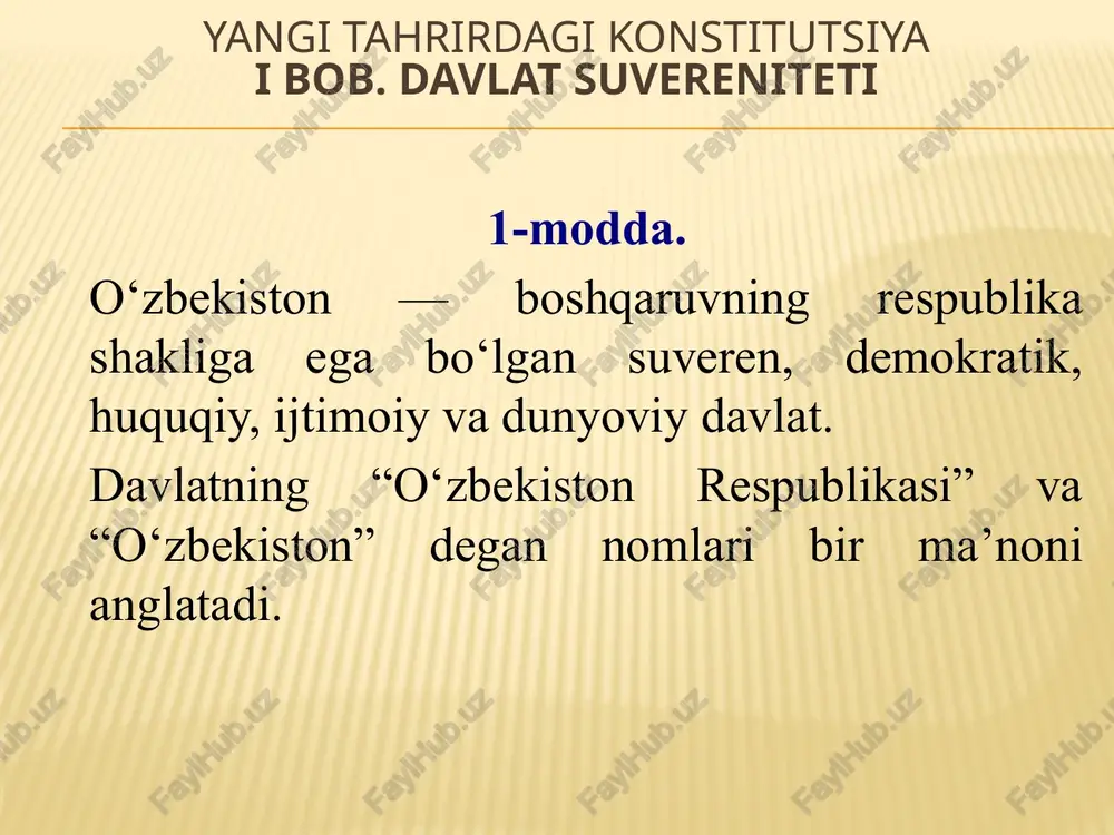 zish konstitutsiyaga xilof hisoblanadi va qonunga binoan javobgarlikka tortishga asos bo‘ladi. yangi tahrirdagi konstitutsiya 8-modda. o‘zbekiston xalqini millatidan qat’i nazar, o‘zbekiston respublikasining fuqarolari tashkil etadi. yangi tahrirdagi konstitutsiya 9-modda. jamiyat va davlat hayotining eng muhim masalalari xalq muhokamasiga taqdim etiladi, umumxalq ovoziga — referendumga qo‘yiladi. o‘zbekiston respublikasida referendum o‘tkazish tartibi qonun bilan belgilanadi. yangi tahrirdagi konstitutsiya 10-modda. o‘zbekiston xalqi nomidan faqat u saylagan o‘zbekiston respublikasi oliy majlisi va prezidenti ish olib borishi mumkin. jamiyatning biron-bir qismi, siyosiy partiya, jamoat birlashmasi, ijtimoiy harakat yoki alohida shaxs o‘zbekiston xalqi nomidan ish olib borishga haqli emas. yangi tahrirdagi konstitutsiya 11-modda. o‘zbekiston respublikasi davlat hokimiyatining tizimi — hokimiyatning qonun chiqaruvchi, ijro etuvchi va sud hokimiyatiga bo‘linishi prinsipiga asoslanadi. yangi tahrirdagi konstitutsiya 12-modda. o‘zbekiston respublikasida ijtimoiy hayot siyosiy institutlar, mafkuralar va fikrlarning xilma-xilligi asosida rivojlanadi. hech qaysi mafkura davlat mafkurasi sifatida o‘rnatilishi mumkin emas. yangi tahrirdagi konstitutsiya 13-modda. o‘zbekiston respublikasida demokratiya umuminsoniy prinsiplarga asoslanadi, ularga …