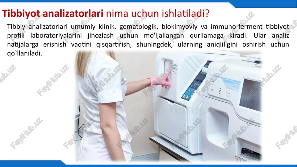 ritrotsitlarda (mchc), gematokritda (hct) o'rtacha gemoglobin kontsentratsiyasi va hokazo. gematologik analizatorlarning inqilobi. pediatriyada onkologiya ichki organ kasalliklari yarim avtomatlashtirilgan analizator - qon namunalarini suyultirish kabi ba'zi bosqichlarni talab qiladi. ko'pincha oz sonli analizlarni o'lchab aniqlab beradi va kuzatuvchi nazoratini talab etadi. gematologik analizatorlar avtomatik yoki yarim avtomatik turlarga bo`linadi. to'liq avtomatlashtirilgan analizatorlar. analizatorga faqat tegishli qon namunasi taqdim etilishini talab qilinadi. ular 8-20 o'zgaruvchini parametrlarini, shu jumladan qo'lda usullarda ekvivalenti bo'lmagan ba'zi yangi parametrlarni o'lchashi mumkin. spasibo lorem ipsum dolor sit amet, consectetur adipiscing elit, sed do eiusmod tempor incididunt ut labore et dolore magna aliqua. lorem ipsum dolor sit amet, consectetur adipiscing elit, sed do eiusmod tempor incididunt ut labore et dolore magna aliqua. biokimyoviy analizatorlar biokimyoviy analizatorlar mexanik, optik va kompyuter texnologiyalaridan foydalanadigan tibbiy asboblar bo'lib, ular umumiy kimyoviy klinik tadqiqotlarni amalga oshiradigan laboratoriya asboblari. ularning yordami bilan siz quyidagilarni aniqlashingiz mumkin: fermentlar, substratlar, lipidlar, elektrolitlar. image2.jpeg image3.jpeg …