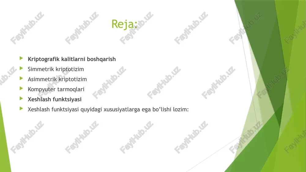 2. tarmoq foydalanuvchilari o’rtasida kalitlarni to’g’ridan-to’g’ri almashish. birinchi usulning muammosi shundaki, kalitlarni taqsimlash markaziga kimga, qaysi kalitlar taqsimlanganligi ma’lum. bu esa tarmoq bo’yicha uzatilayotgan barcha xabarlarni o’qishga imkon beradi. bo’lishi mumkin bo’lgan suiiste’mollar tarmoq xavfsizligining jiddiy buzilishiga olib kelishi mumkin. xeshlash funktsiyasi xeshlash funktsiyasi (xesh-funktsiyasi) shunday o’zgartirishki, kirish yo’liga uzunligi o’zgaruvchan xabar m berilganida chišish yo’lida belgilangan uzunlikdagi šator h(m) ќosil bo’ladi. boshšacha aytganda, xesh-funktsiya h(.) argument sifatida uzunligi ixtiyoriy xabar (xujjat) m ni šabul šiladi va belgilangan uzunlikdagi xesh- šiymat (xesh) h=h(m)ni qaytaradi. xesh funksiyasi xabar m xesh h=(m) xeshlash funktsiyasi quyidagi xususiyatlarga ega bo’lishi lozim: 1. xesh-funktsiya ixtiyoriy o’lchamli argumentga šo’llanishi mumkin. 2. xesh-funktsiya chišish yo’lining šiymati belgilangan o’lchamga ega. 3. xesh-funktsiya h(x) ni ixtiyoriy "x" uchun yetarlicha oson ќisoblanadi. xeshfunktsiyani ќisoblash tezligi shunday bo’lishi kerakki, xesh-funktsiya ishlatilganida elektron rašamli imzoni tuzish va tekshirish tezligi xabarning o’zidan foydalanilganiga šaraganda anchagina katta bo’lsin. 4. xesh-funktsiya matn m dagi orasiga …
