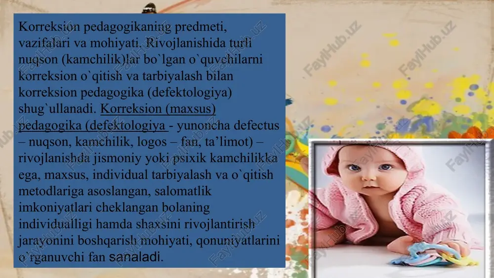 tushunilishi ta’kidlab o`tiladi. ana shu lug`atda «korreksion pedagogika»ning jismoniy yoki psixik kamchilikka ega, maxsus, individual tarbiyalash va o`qitish metodlariga muhtoj bo`lgan, sog`lig`i imkoniyatlari cheklangan bolaning individualligi va shaxsini rivojlantirish jarayonini boshqarish mohiyati, qonuniyatlarini o`rganuvchi fan ekanligi qayd etiladi. korreksion pedagogikaning asosiy maqsadi – belgilangan (normal) va (mavjud kamchilik) faoliyat o`rtasidagi nomuvofiqlikni yo`qotish yoki kamaytirishdan iborat. korreksion-pedagogik faoliyat yaxlit ta’lim jarayonini qamrab oluvchi hamda murakkab psixofiziologik va ijtimoiy-pedagogik chora-tadbirlarning amalga oshirilishini nazarda tutuvchi pedagogik tizim. diagnostika korreksion, korreksion-rivojlantiruvchi, korreksion-profilaktik faoliyatlar bilan bir qatorda tarbiyaviy va korreksion-o`qitish, psixokorreksion faoliyatni ham amalga oshirilishini ta’minlaydi. korreksion-pedagogik faoliyat maxsus ta’lim dasturiga muvofiq mutaxassislar yordamida anomal o`quvchilarni o`qitish, tarbiyalash va rivojlantirishga yo`naltirilgan yaxlit jarayon. korreksion pedagogikaning asosiy vazifalari. turli kategoriyali anomal bolalarni rivojlantirish, o`qitish va tarbiyalashning umumiy qonuniyatlari mavjud. korreksion pedagogikaning asosini anomal (me`yordan chetlashish) bolalarni har tomonlama, fiziologik va psixologik o`rganish tashkil etib, uning vazifalari sirasiga quyidagilar kiradi: 1. rivojlanishida turli kamchiliklar bo`lgan bolaning nuqsonlarini …