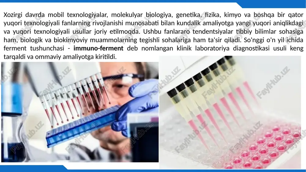 qilish, biologik analizlarni tekshirish, sifat nazorati va farmatsevtika va biotexnologiya sanoatida va ilmiy tashkilotlarda ishlab chiqarish jarayonlarida keng qo'llaniladi. mikroplanshetlarni aniqlashining umumiy usullari absorbsiya, intensivlik, luminesans, vaqt bilan ajraladigan floresans va polarizatsiyalangan floresansdir. 6 qalqonsimon bez kasalliklarining gormonlari va belgilari tireoperoksidaza (tpo) tireoglobulin (tg) tireotropniy gormon (ttg) tiroksin (t4) triyodtironin (t3) svobodniy tiroksin (t4) svobodniy triyodtironin (t3) immuno-ferment analizator yordamida qanday kasalliklar aniqlanadi? reproduktiv funktsiya(farzand ko`rishda) diagnostikasi lyuteiniziruyushiy gormon (lg) follikulostimuliruyushiy gormon (fsg) xorionicheskiy gonadotropin (xg) prolaktin progesteron estradiol testosteron kortizol steroid svyazivayushiy globulin (ssg) alfafetoprotein (afp) o'simta belgilari xorionicheskiy gonadotropin (xg) prostatspetsificheskiy antigen (psa) sa – 125 sa – 19.9 cyfra – 21-1 m – 12 (sa – 15.3) muc – 1 (m – 22) muc1 (m – 20) alveomutsin k – tsep l – tsep faktor nekroza opuxoley (fnoα) γ – interferon rakovo-embrionalniy antigen (rea) infeksion kasalliklar tashxisi toksoplazma (igg, igm) epshteyn-barr (igg, igm) krasnuxa (igg, igm) tsitomegalovirus …