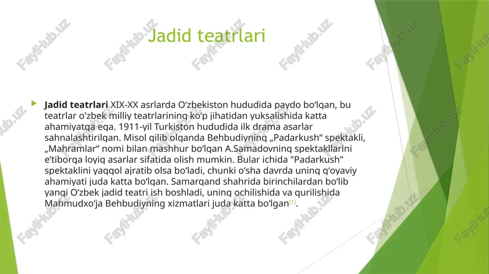 did teatrlari xalq orasida mashhur boʻlgan.[3] toshkentdagi hozirgi milliy teatr tashkilotchilaridan biri boʻlgan mannon uygʻur va oʻzbek jadid teatrining ilk ayol aktrisasi masuma qoriyeva oʻz ish faoliyatini boshladilar. turkistonning boshqa hududlarida, fargʻonada, andijonda va xivada yana shunga oʻxshash teatrlar ochildi. mannon uygʻur tashabbusi bilan buxoro shahrida yana bir teatr ochildi. bu teatrlarda xalqning koʻngliga yaqin axloqiy va ijtimoiy jihatlarga aloqador mavzularda sahna koʻrinishlar koʻrsatildi.bu sahna koʻrinishlarda zulmga qarshi kurash, odamiylik kabi insoniy xislatlar koʻrsatildi. shu tariqa jadidlar tomonidan birinchilardan boʻlib tashkil etilgan jadid teatrlari oʻzbek milliy teatrini vujudga kelishiga asos boʻldi[4]. turkistonda muzeylarning shakillanish tarixi turkistonda muzeylarning shakllanish tarixi va ularning muzey ishi rivojidagi roli reja: 1. “muzey” atamasi va muzey xaqida tushuncha. 2.turkistondagi ilk muzeylarni tashkil etilishida ilmiy jamiyatlar va kolleksionerlarning roli. 3.turkistonda tashkil etilgan ilk muzeylar faoliyati. 1. “muzey” atamasi va muzey xaqida tushuncha. “muzey”, museyon so‘zi inson madaniyatiga ikki yarim ming yil ilgari, ya’ni antik davrda kirib …