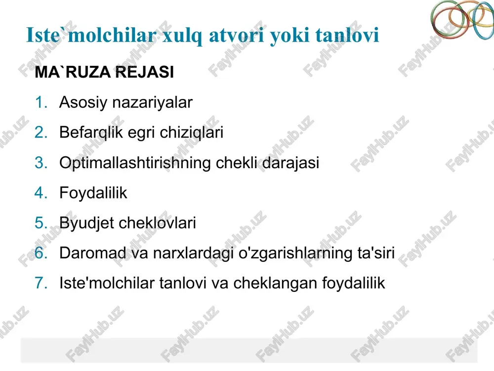 ishlasavau kamroq daromadga ega bo`ladi hamda u kam iste’mol qiladi. agar u daromadini ko`pini sarflab kamini saqlab qo`ysa kelajakda past hajmda ehtiyoj qondirishiga to`g’ri kelib qoladi. iste’molchi tanlovi nazariyasi istemolchining boylgini namoyon qilishi va atrofidagi o`zgarishlarga qanday refleks ko`rsatishini “tekshirib” boradi. iste’molchining tanlov nazariyasini o`rganaturib uy ho`jaliklari fikrgamuhtoj bo`lgan uchta savolga murojaat qilishimizga to`g’ri keladi:  har doim talab egri chizig’i pastga tomon yo`naladimi?  ishchi taklifiga ish haqi qanday ta’sir etadi?  uy ho`jaliklari jamg’armasiga foiz savkasi qanday ta’sir ko`rsatadi? avvalo bu savollar bir-biriga bog`liq emasdek tuyilishi mumkin. ammo mavzuga kirib borar ekanmiz, iste’molchining tanlov nazariyasidan savollarning har biriga yo`nalish olishimiz mumkin. 3 copyright © 2016, 2012, 2009 pearson education, inc. all rights reserved iste'molchilarning xulq-atvori uch bosqichda yaxshi tushuniladi: 1-qadam: iste'molchilarning afzalliklari (biz imtiyozlarni tavsiflash uchun grafikalar va hisob-kitoblardan foydalanamiz) 2- qadam: byudjet cheklovlari 3- qadam: iste'molchilar tanlovi daromadi cheklangan iste'molchi qanday tovar va xizmatlarni sotib olishni qanday …