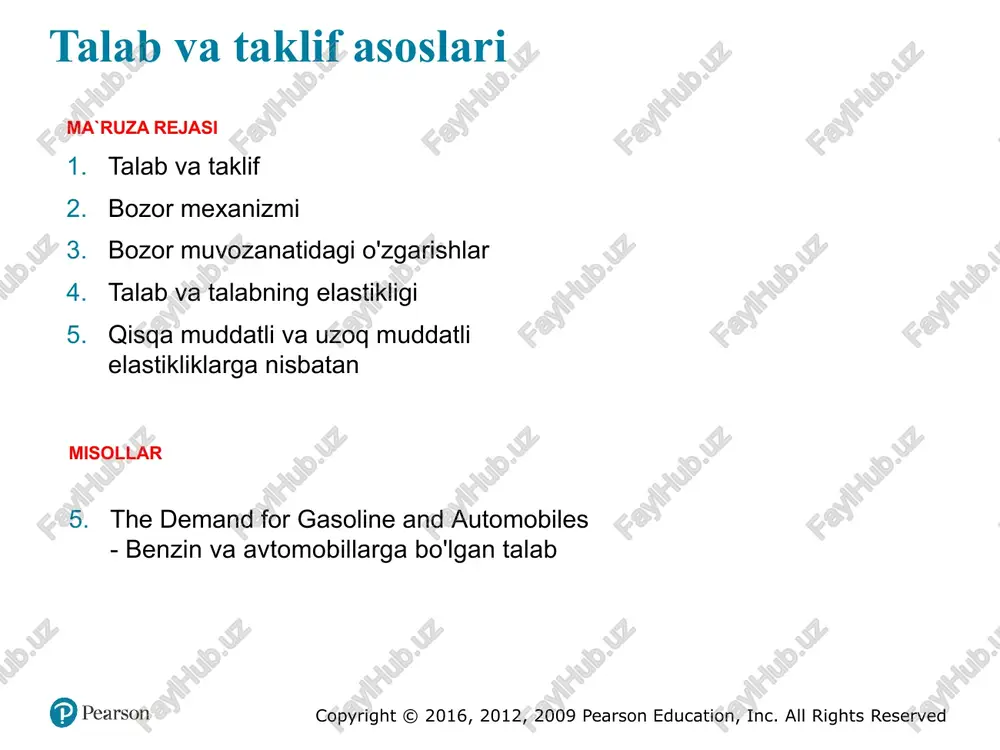 xaridorlar xohlagan va sotib olishi mumkin bo`lgan tovarlar sonidir. biz ko`rishimiz mumkinki, talab miqdori ko`p omillar bilan aniqlanadi, ammo bozor ishlashini tahlil qilganda shuni bilishimiz mumkinki faqat bitta omil – tovarning narxi hal qiluvchi o`rin tutadi. 3 2.1 talab va taklif taklif egri chizig`i taklif egri chizig'i ishlab chiqaruvchilar sotmoqchi bo'lgan tovar miqdori va tovar narxi o'rtasidagi o'zaro bog'liqlik. rasm 2.1 taklif egri chizig`i rasmda s deb belgilangan taklif egri chizig'i, sotuvga qo'yiladigan tovar miqdori, narx o'zgarganda qanday o'zgarishini ko'rsatadi. taklif egri chizig'i yuqoriga qarab o`sadi: narx qancha yuqori bo'lsa, shuncha firmalar ishlab chiqarish va sotishga qodir va tayyor. qs qs(p) copyright © 2016, 2012, 2009 pearson education, inc. all rights reserved bozor mexanizmini tavsiflash uchun talab va taklif egri chiziqlarining qanday ishlatilishini ko'rib chiqishdan boshlaymiz. hukumat aralashuvisiz (masalan, narx nazorati o'rnatilishi yoki boshqa biron bir tartibga solish siyosati orqali) talab va taklif muvozanatga kelib, tovarning bozor narxini ham, ishlab …