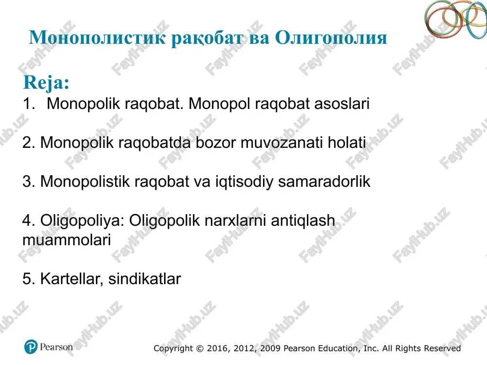 a bajarsalar bozor bahosini ko'tarilishiga va monopol hokimlikka erishadilar. sotuvchi mahsulotini ishlab chiqarish hajmini kamaytirib borish, cheklab turish yo‘li bilan bahosini oshirishga erisha olsa, u monopol hokimlikka (yoki bozor ustidan hokimlik qilish) darajasiga chiqadi. demak, monopolist bozorni o ‘z qo'lida ushlab turadi, sotish uchun mo‘ljallangan mahsulot ishlab chiqarish hajmini nazorat qiladi.bu fikr «monopolistning maqsadi yuqori baho belgilashi mumkin» degani emas.agar monopolist shunday qilganda edi, uning mahsuloti sotilmay, olgan foydasi kamayib ketgan bo'lar edi. shuning uchun monopolist bozor qonunlariga rioya qilib ish yuritadi.monopolist foydani maksimal darajaga chiqarmoqchi bo'lsa, bozor talab in i va o 'z x arajatlarini aniqlab ish k o 'rish i lozim . iqtisodiy qarorlar qabul qilishda talabni va xarajatlami baholash, hisoblash hal qiluvchi ahamiyatga ega. shunday m a’lumotlarga ega bo'lgandan so'ng ishlab chiqaradigan va sotadigan mahsulot hajmini, uning bahosini aniqlash to'g'risida bir qarorga kelishi zarur. 3 monopolistik raqobat copyright © 2016, 2012, 2009 pearson education, inc. all rights …