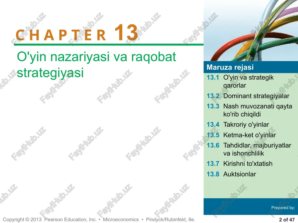 ham qiyin bo'lishi mumkin. ‹#› of 47 copyright © 2013 pearson education, inc. • microeconomics • pindyck/rubinfeld, 8e. 6 nokooperativga qarshi kooperativ o'yinlar ● kooperativ o'yin – bu ishtirokchilar qo'shma strategiyalarni rejalashtirishga imkon beradigan majburiy shartnomalar bo'yicha muzokaralar olib boradigan o'yin. ● nokooperativ (majburiy bo'lmagan) - bu shartnomalar bo'yicha muzokaralar olib borish va amalga oshirish mumkin bo'lmagan hamkorlikdagi o'yin. raqibingizning nuqtai nazarini tushunish va uning harakatlaringizga uning javoblarini aniqlab olish juda muhimdir. e'tibor bering, kooperativ va nokooperativ o'yinlarning asosiy farqi shartnoma tuzish imkoniyatlarida. hamkorlik o'yinlarida majburiy shartnomalar tuzilishi mumkin; nokooperativ o'yinlarda ular bunday emas. ‹#› of 47 copyright © 2013 pearson education, inc. • microeconomics • pindyck/rubinfeld, 8e. 7 nokooperativga qarshi kooperativ o'yinlar dollarlik banknotani qanday sotib olish kerak dollar kupyurasi kim oshdi savdosiga qo'yilgan, ammo g'ayrioddiy tarzda. eng yuqori narxni taklif etgan kishi, taklif miqdori uchun evaziga dollar oladi. shu bilan birga, eng yuqori narxga ega bo'lgan ikkinchi ishtirokchi …