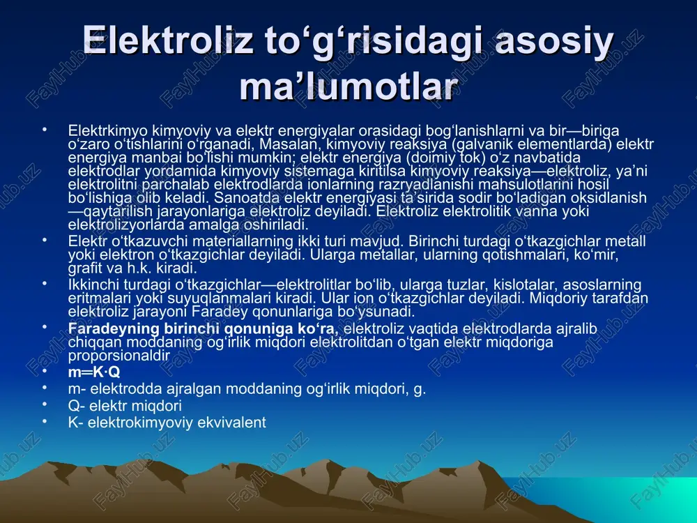 yottan moddalarning og‘irlik miqdori shu moddalarning kimyoviy ekvivalentlariga proporsional. elektrokimyoviy ekvivalent «k» esa shu moddaning kimyoviy ekvivalentiga proporsional: k═s∙eg' har qanday moddaning elektrodlarda 1 g—ekv miqdorini ajratib olish uchun bir xil elektr miqdori, ya’ni 96500 kulon (faradey soni yoki 1 faradey) kerak. birgalikda bu ikki qonun quyidagicha ta’riflanadi: elektrolitdan o‘tgan elektr miqdori (q) ajralib chiqqan moddaning gramm—ekvivalentlar soniga (n) to‘g‘ri proporsionaldir. q═f∙n f- faradey soni (96500 kulon yoki 26,8 ag‘s) elektroliz natijasida a gramm modda ajralib chiqqan bo‘lsa, bunga q═fmiqdorda elektr sarf bo‘lgan. ye-moddaning kimyoviy ekvivalenti. elektrolitdan 1 ag‘s elektr miqdori o‘tkazilganda ajralib chiqqan modda miqdoriga uning elektrokimyoviy ekvivalenti deyiladi. osh tuzi eritmasining elektrolizi sanoatda natriy xlorid va kaliy xlorid tuzlari suvdagi eritmalarining elektrolizi natijasida juda toza xlor olinadi. bundan tashqari muhim mahsulotlar vodorod va ishqor ham hosil bo‘ladi. xlor ishlab chiqarishning elektrokimyoviy usuli 1890 yildan beri qo‘llaniladi. osh tuzining suvdagi eritmasida dissotsiatsiya natijasida 4 xil ion mavjud bo‘ladi. nasl↔naqqsl- …