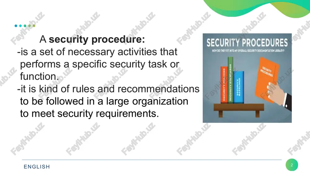ludes both hardware and software technologies english 13 make your password eight characters don't make passwords easy to guess. do not include personal information do not use common words in your password english 14 inappropriate seating (no chairs with back support), english 15 as for the health and safety in a workplace it also shows that computer space is untidy with cups on it, food on tables and hanging cables all over the room. (go to page 67 of the book and make notes of network security and health and safety at workplace) english 16 tashkent university of information technologies named after muhammad al-khwarizmi foreign languages department thank you for attention ! english 16 image6.png image8.svg image7.png image10.svg image1.png image2.png image3.png image4.jpeg image5.png image6.svg image8.jpeg image9.jpeg image10.jpeg image11.jpeg image12.jpeg image13.jpeg image14.jpeg image15.jpeg image16.jpeg image17.jpeg image18.png image19.jpeg image20.png .msftofcthm_background1_fill { fill:#ffffff; } security procedures password: 123456789 rty password 1234567 baséball 12345 …