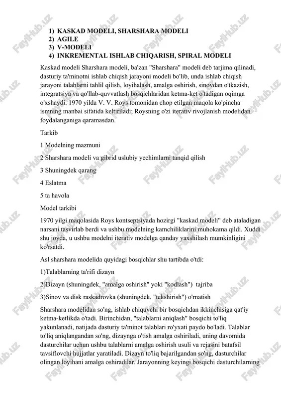 ilar olingan loyihani amalga oshiradilar. jarayonning keyingi bosqichi dasturchilarning turli guruhlari tomonidan ishlab chiqilgan individual komponentlarning integratsiyasidir. amalga oshirish va integratsiya tugagandan so'ng, mahsulot sinovdan o'tkaziladi va disk raskadrovka qilinadi; bu bosqichda rivojlanishning oldingi bosqichlarida paydo bo'lgan barcha kamchiliklar bartaraf etiladi. shundan so'ng, dasturiy mahsulot amalga oshiriladi va uni qo'llab-quvvatlash ta'minlanadi - yangi funksionallikni joriy etish va xatolarni bartaraf etish. shunday qilib, palapartishlik modeli bir rivojlanish bosqichidan ikkinchisiga o'tish faqat oldingi bosqich to'liq va muvaffaqiyatli tugagandan so'ng sodir bo'lishini va orqaga yoki oldinga o'tish yoki fazalarni bir-biriga mos kelmasligini nazarda tutadi. biroq, tasvirlangan jarayonda kichik yoki hatto sezilarli o'zgarishlarga ega bo'lgan o'zgartirilgan kaskadli modellar (shu jumladan roysning o'zi ham) mavjud. sharshara modeli va gibrid uslubiy yechimlarni tanqid qilish sharshara modeli metodologiyasi ko'pincha moslashuvchanlik yo'qligi va loyihani rasmiy boshqarishni vaqt, xarajat va sifat hisobidan o'z-o'zidan maqsad deb e'lon qilish uchun tanqid qilinadi. biroq, yirik loyihalarni boshqarishda rasmiylashtirish ko'pincha katta ahamiyatga ega …