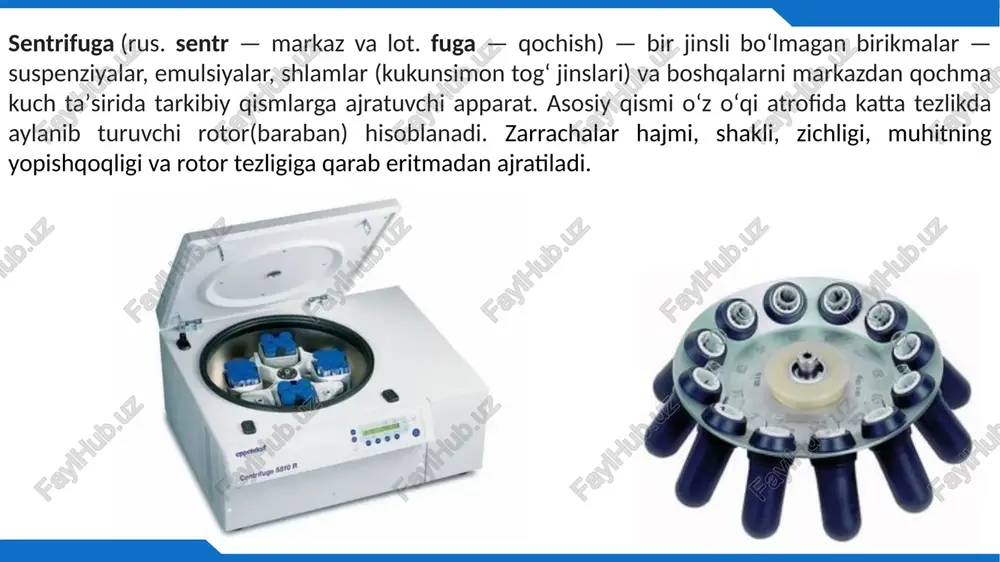ma'lum bir zarrachaning cho'kish tezligi nolga teng bo'ladi. sentrifuga turlari. yuqori tezkor sentrifuga oddiy sentrifugas analitik ultra sentrifugalar preparativ ultra sentrifugalar 10 rotor turlari. fiksirlangan burchakli rotorlar. (fixed angle rotors) naychalar vertikalga nisbatan 14 dan 40 gradusgacha burchak ostida ushlab turiladi. zarrachalar radial ravishda tashqariga qarab harakatlanadi, qisqa masofa ostida. turli santrifugalash metodlari uchun qulaydir. naychani qayta yo'naltirish rotorning tezlashishi va sekinlashishi paytida sodir bo'ladi. vertikal quvurli rotorlar. (vertical tube rotors) rotor o'qiga vertikal parallel ravishda ushlab turiladi. zarralar qisqa masofaga harakatlanadi. ajralish vaqti qisqaroq. kamchilik: sentrifugalash oxirida granula yana eritma ichiga tushishi mumkin. tebranadigan chelakli rotorlar (swinging-bucket rotors) rotor tezlashganda gorizontal holatga o`tiladi. metodning uzoq muddatliligi zichlik gradientini santrifugada yaxshiroq ajratish imkonini beradi. pelletga xalaqit qilmasdan supernatantni olish osonroq. oddiy sentrifugalar (desk top centrifuges) juda oddiy va kichik; maksimal tezlik 3000 rpm; haroratni tartibga solish tizimi yo'q; qon hujayralari, achitqi zamburug` hujayralari yoki kimyoviy reaktsiyalarning katta hajmli cho'kmalari kabi …