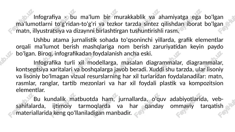 idagi qismlardan iborat: sarlavha. agar kerak bo'lsa, bu subtitr bilan birga bo'lishi mumkin; tushuntirish va izohlash mezonlarini taqdim etadigan qisqacha matn; xabar markaziga ishora qiluvchi va barcha grafik elementlarni va qo'llab-quvvatlovchi tipografiyani o'z ichiga olgan tanasi; axborot manbai. infografikaning xususiyatlari u har doim kontekstga qarab sarlavha yoki sarlavha bilan boshqariladi; siz savollarga javob berishingiz kerak: nima, kim, qachon, qaerda, qanday va nima uchun; bu oson tushunarli bo'lishi kerak; u biron bir masala bo'yicha iloji boricha ko'proq ma'lumotlarni sintez qilishi kerak; tasvirlardan foydalanish majburiydir; tasvirlar aniq bo'lishi kerak; matn aniq va qisqa bo'lishi kerak; u shunday qat'iylikka ega bo'lishi kerakki, ular kiritilgan maqolaga nisbatan avtonomiyaga ega bo'lishlari mumkin; unda hech qanday xato, nomuvofiqlik yoki qarama-qarshilik bo'lmasligi kerak. infografika turlari (uning tarkibiy tuzilishiga ko'ra) grafika ular statistik ma'lumotlarning grafik, ya'ni vizual tarzda aks ettirilishidir, shunda uning tushunchasi sodda va tezroq bo'ladi. ular bar, pirojnoe, koordinatali tizim va boshqalar kabi turli xil manbalardan …