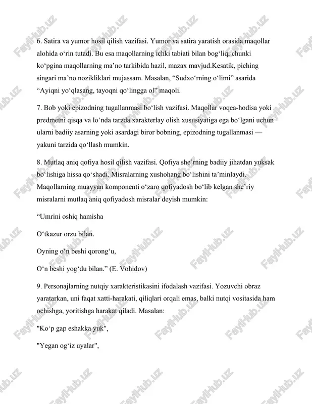 yiqni yo‘qlasang, tayoqni qo‘lingga ol” maqoli. 7. bob yoki epizodning tugallanmasi bo‘lish vazifasi. maqollar voqea-hodisa yoki predmetni qisqa va lo‘nda tarzda xarakterlay olish xususiyatiga ega bo‘lgani uchun ularni badiiy asarning yoki asardagi biror bobning, epizodning tugallanmasi — yakuni tarzida qo‘llash mumkin. 8. mutlaq aniq qofiya hosil qilish vazifasi. qofiya she’rning badiiy jihatdan yuksak bo‘lishiga hissa qo‘shadi. misralarning xushohang bo‘lishini ta’minlaydi. maqollarning muayyan komponenti o‘zaro qofiyadosh bo‘lib kelgan she’riy misralarni mutlaq aniq qofiyadosh misralar deyish mumkin: “umrini oshiq hamisha o‘tkazur orzu bilan. oyning o‘n beshi qorong‘u, o‘n beshi yog‘du bilan.” (e. vohidov) 9. personajlarning nutqiy xarakteristikasini ifodalash vazifasi. yozuvchi obraz yaratarkan, uni faqat xatti-harakati, qiliqlari orqali emas, balki nutqi vositasida ham ochishga, yoritishga harakat qiladi. masalan: "ko‘p gap eshakka yuk", "yegan og‘iz uyalar", "yuzga aytganning zahri yo‘q" kabi maqollar personajning xarakteri, fe’l-atvori va madaniyatini ochib beradi. o‘zbek xalq og‘zaki ijodi namunalari orasida nutq madaniyatini puxta egallashga, tilning qadr-qimmatini chuqur anglashga da’vat …