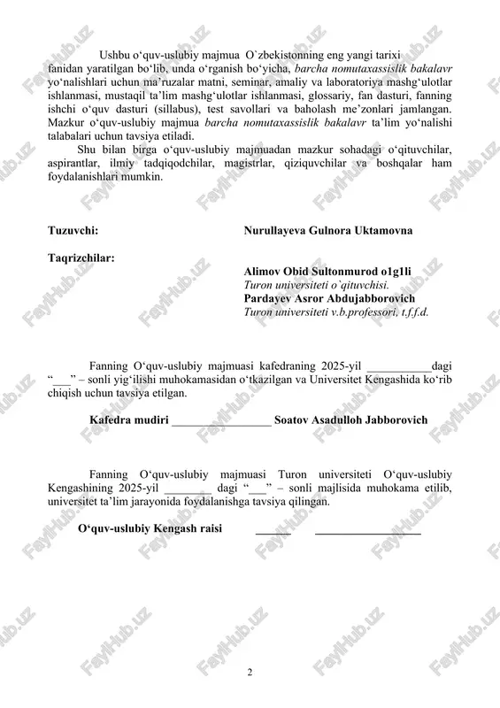 zalar matni 5-148 2. seminar mashg‘ulotlari ishlanmasi 149-194 3. mustaqil ta’lim mashg‘ulotlari ishlanmasi 195-221 4. glossariy 222-225 ilovalar 5. fan dasturi 226-236 6. fanning ishchi dasturi (sillabus) 237-245 7. test savollari 246-264 8. baholash me’zonlari 265-267 9. foydalaniladigan adabiyotlar ro‘yxati 267-268 turon universiteti o‘zbekistonning eng yangi tarixi fanidan ma’ruzalar matni qarshi – 2025 1-mavzu. kirish.“o‘zbekistonning eng yangi tarixi” o‘quv fanining predmeti, maqsadi va vazifalari, nazariy-metodologik tamoyillari. reja: 1. o'zbekiston tarixini davrlashtirish masalasi. “o`zbekistonning eng yangi tarixi" o'quv fanining predmeti, maqsad va vazifalari. 2. fanni o'rganishning nazariy-uslubiy asoslari. 3. intellektual salohiyatli, ma'naviy barkamol avlodni tarbiyalash, komil insonni voyaga etkazishda mamlakat eng yangi tarixining tutgan o'rni. 4. o'zbekiston respublikasi prezidenti sh.m.mirziyoevning ma'naviy etuk shaxsni tarbiyalashda tarixiy xotiraning o'rni va saboqlari to'g'risidagi fikrlari. 5. xxi globallashuv asrida ta'lim sohasida mazkur fanni o'qitishdagi nazariy-konseptual yondashuv va ilg'or innovatsiyalar.. tayanch so‘z va iboralar: sivilizatsiya, davrlashtirish, formatsiya, mustaqillik, tarixiy xotira, davlatchilik, globallashuv asri. 1. o'zbekiston tarixini …