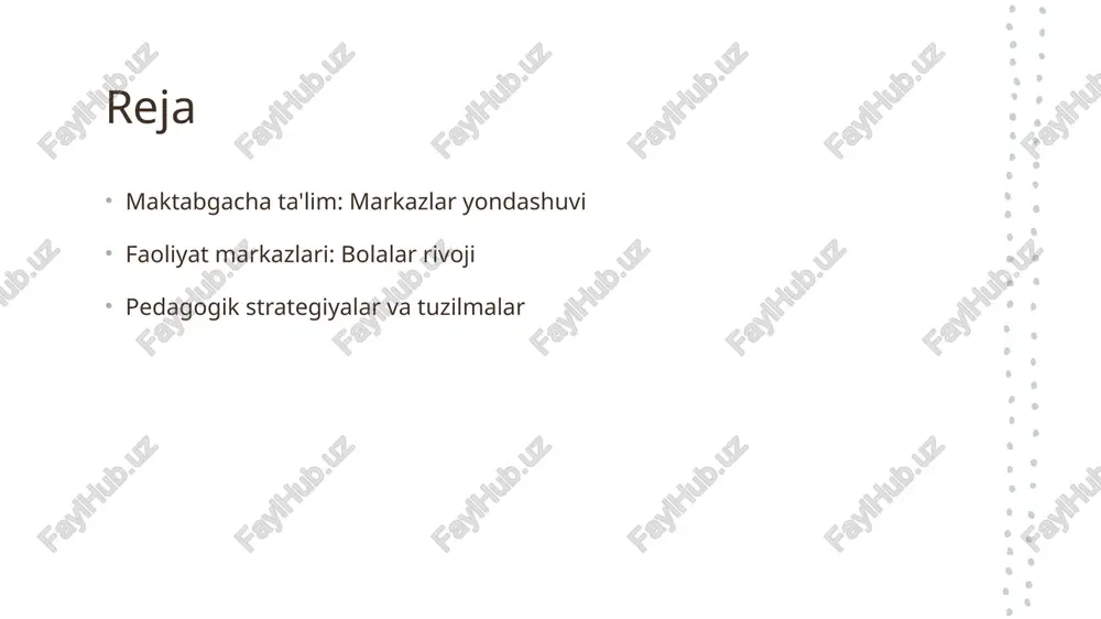 odlar pedagogik strategiyalar markazlar yondashuvi bolalar ta'limida faoliyat markazlarini yaratishga asoslanadi, bu esa har bir bolaga individual yondashuvni ta'minlaydi. maktabgacha ta'limda innovatsion metodlar, masalan, loyiha asosidagi o'qitish va o'yin orqali o'rganish, bolalarning ijodiy fikrlashini rivojlantiradi. markazlar yondashuvi pedagogik strategiyalarni taklif etadi, bu esa bolalar o'rtasida ijtimoiy ko'nikmalarni rivojlantirishga va hamkorlikni kuchaytirishga yordam beradi. faoliyat markazlarining bolalar rivojiga ta'siri: nazariy asoslar va amaliyot. 1 faoliyat markazlari ta'rifi faoliyat markazlari, bolalar o'rtasida turli faoliyatlarni tashkil etish uchun mo'ljallangan joylardir. ular rivojlanishning har bir sohasini qo'llab-quvvatlaydi. 2 rivojlanish jarayoni faoliyat markazlari bolalarning ijodkorligini, muammolarni hal qilish qobiliyatini va ijtimoiy ko'nikmalarini rivojlantirishda muhim rol o'ynaydi. 3 amaliyotdagi natijalar maktabgacha ta'limda faoliyat markazlaridan foydalanish, bolalarning o'zaro muloqot qilishini va jamoaviy ish ko'nikmalarini oshirishga yordam beradi. o'yin orqali o'rganish: faoliyat markazlarida bolalar uchun imkoniyatlar. 1 o'yin va o'rganish o'yin orqali o'rganish bolalarga ijodkorlik va muammolarni hal qilish qobiliyatlarini rivojlantirishda muhim ahamiyatga ega. bu jarayon o'z-o'ziga o'rganishni …
