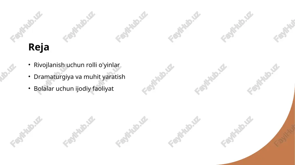 oyalarni keltirib chiqaradi. tematik rollar orqali bolalar yangi tajribalar orttiradi. har xil rollarni o'zlashtirish, ijodiy fikrlashni rivojlantiradi va o'zaro hamkorlik ko'nikmalarini oshiradi. dramaturgiya orqali bolalar uchun muhitni qanday yaratish mumkin? 1 dramaturgiya tushunchasi - dramaturgiya, bolalar uchun hayotiy tajribalarni sahnalash orqali ijodiy fikrlashni rivojlantiradi, ularning his-tuyg'ularini va ijtimoiy ko'nikmalarini o'stiradi. 2 muhitni tayyorlash - dramaturgiya muhitini yaratish uchun bolalar bilan birgalikda o'yin maydonchalari, qiziqarli kostyumlar va sahna dekoratsiyalarini tayyorlash zarur. 3 o'yin jarayonini tashkil etish - o'yin jarayonida bolalarga rollarni taqsimlash, ular orasida muloqotni rag'batlantirish va ijodiy erkinlik berish muhimdir, bu ularni o'zaro aloqaga undaydi. bolalar ijodkorligini oshirishda dramatizatsiyaning roli 01 dramaturgiya va ijodkorlik dramaturgiya bolalarning ijodkorligini rivojlantirishda muhim rol o'ynaydi, chunki u ularga o'z fikrlarini ifoda etish imkonini taqdim etadi. 02 rol o'ynash imkoniyatlari bolalar dramatizatsiya jarayonida turli rollarni o'ynash orqali o'zlarini yangi sharoitlarda sinab ko'rishadi, bu esa ijodiy fikrlashni oshiradi. 03 emotsional rivojlanish dramatizatsiya bolalarga o'z his-tuyg'ularini anglash …
