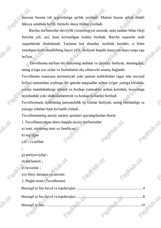i rasmiy hujjatdir. tavsifnoma muassasa ma'muriyati yoki jamoat tashkilotlari (agar ular mavjud bo'lsa) tomonidan xodimga bir qancha maqsadlar uchun (o'quv yurtiga kirishda, xorijiy mamlakatlarga ishlash va boshqa yumushlar uchun ketishda, lavozimga tayinlashda yoki shahodatlantirish va boshqa hollarda) beriladi. tavsifnomada xodimning jamoatchilik va xizmat faoliyati, uning ishchanligi va axloqiy sifatlari ham ko'rsatib o'tiladi. tavsifnomaning asosiy zaruriy qismlari quyidagilardan iborat: 1. tavsiflanayotgan shaxs haqida asosiy ma'lumotlar: a) ismi, otasining ismi va familiyasi ; b) tug'ilgan yili ; v) millati ; g) partiyaviyligi ; d) ma'lumoti ; e) lavozimi ; yo) ilmiy darajasi va unvoni. 2. hujjat nomi (tavsifnoma). 3. matn. 4. imzolar. 5. sana. 6. muhr. tavsifnoma matnini o'zaro mantiqan bog'langan uch tarkibiy qismga ajratib ko'rsatish mumkin. birinchi qismda shaxsning mehnat faoliyati, ya'ni mutaxassisligi, aynan shu korxona, tashkilot va boshqa joylarda qaysi muddatdan buyon ishlayotganligi, xizmat vazifasidagi o'zgarishlar va boshqalar haqida ma'lumot beriladi. ikkinchi qismda xodimning shaxsiy tavsifi, ya'ni ishga munosabati, mutaxassislik …