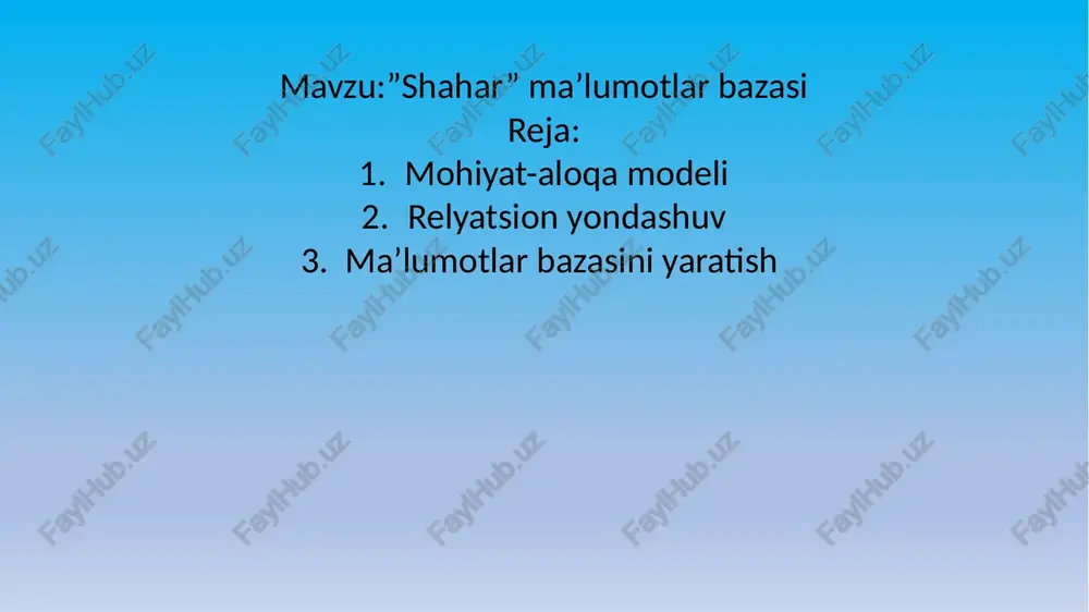 w databases; i} | information_schema | | mysql 1 | performance_schema | i i shahar i test i is rows in set (@.02 sec) sql> create database shahar; uery ok, 1 row affected (0.00 sec) sql> show databases; | information_schema | | mysql | | performance_schema | | shahar | | test 5 rows in set (0.02 sec) ‘sql> show tables from shahar; 1 row in set (0.00 sec) sql> create table hokimyat (id int, f_i_sh varchar(20), lavozimi varchar(20), tel_raqami varchar(20), lelektron_pochtasi varchar(20)); error 1050 (42s01): table ‘hokimyat’ already exists sql> desc hokimyat; | field | type | null | key | default | extra | = = == — | id | int(11) | yes | | null | | || f_i_sh | varchar(20) | yes | | null | | | lavozimi | varchar(20) | yes | | null | | | tel_ragami | varchar(20) | yes | …
