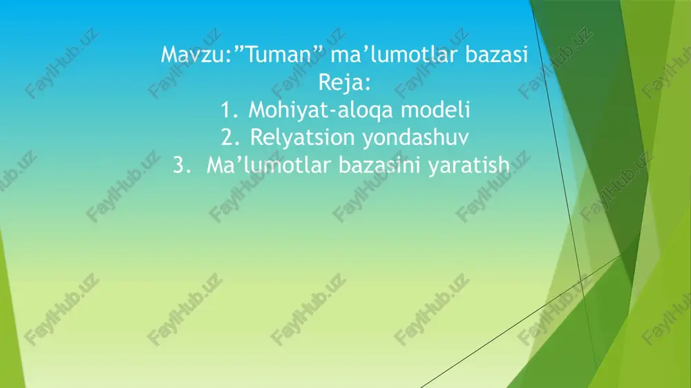 otlar bazasini yaratish image1.png image2.png image3.png image4.png image5.png image6.png image7.png image8.png image9.png image10.png image11.png mysql> show databases; —_ | database | a | information_schema | | mysql | | performance_schema | | real_madrid | | test | | tuman | | | | | uy_bozor uylar_bozori _ 3 rows in set (0.02 sec) mysql> use tuman; database changed mysql> show tables from tuman; | | hokimyat i | korhona | | mahalla i — === 4 rows in set (0.00 sec) mysql> desc axoli; type null | key | default | extra int (11) | | auto_increment | varchar(3@) | yes | | | varchar(3@) | yes null varchar(3@) | yes null é e | | | | varchar(30) | | 5 rows in set (0.02 sec) mysql> alter table axoli add ortacha_vazni varchar(15); query ok, @ rows affected (0.08 sec) records: @ duplicates: @ warnings: @ mysql> desc axoli; …