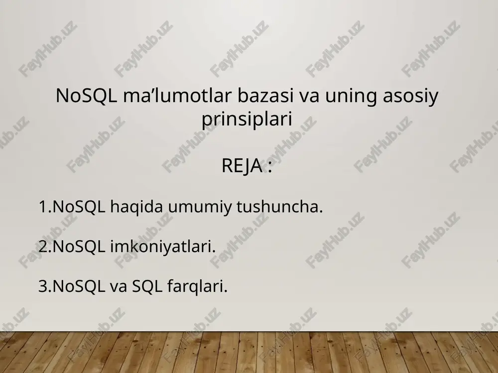 hishlik nosqlga bitta tugunda katta tezlikga erishishga yordam beradi. xulosa ma'lumotlar bazasi ham, uning ma'lumotlar bazasi ham ma'lum bir printsiplarga mos keladi ma'lumotlar bazasi "ma'lumotlar bazasi tizimi" ma'lumotlar bazasi modeli, ma'lumotlar bazasini boshqarish tizimi va ma'lumotlar bazasini birgalikda anglatadijismoniy ma'lumotlar bazasi serverlar ma'lumotlar bazalarini saqlaydigan va faqat dbms va tegishli dasturiy ta'minotni boshqaradigan maxsus kompyuterlardir. ma'lumotlar bazasi serverlari odatda ko'p protsessor saxiy xotiraga ega kompyuterlar va raid barqaror saqlash uchun ishlatiladigan disk massivlari. ma’lumotlar bazasini shakllantirishda texnologiyalar perspektivalari reja: 1. ma’lumotlar bazasi tushunchasi. 2. ma’lumotlar bazasining modellari turlari. 3. ma’lumotlar bazasining mbbt funksional imkoniyatlari. kirish hozirgi kunda inson xayotida mbda kerakli axborotlarni saqlash va undan oqilona foydalanish juda muxim rol o’ynaydi. sababi jamiyat taraqqiyotining qaysi jabxasiga nazar solmaylik ozimizga kerakli ma'lumotlarni olish uchun albatta, mbga murojaat qilishga majbur bo’lamiz. demak, mb ni tashkil qilish axborot almashuv texnologiyasining eng dolzarb hal qilinadigan muammolaridan biriga aylanib borayotgani davr taqozasidir. ma'lumki, mb tushunchasi …