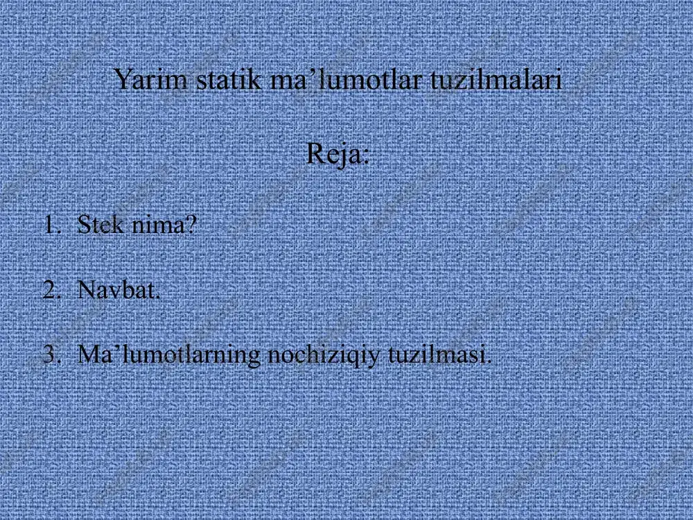 iga oladi. stek bo’sh bo’lganida ko’rsatkich o’zini-o’zi ko’rsatadi. har bir yangi elementning kiritilganida cho’qqi ko’rsatkichi bir birlikka ko’payadi. ketma-ket taqdim etishning kamchiligi shundan iboratki, stekning to’lib ketishi xavfi hamisha bo’ladi; aks holda zahiraga olingan xotiraning bir qismi ishlatilmay qoladi. ma’lumotlarni bog’langan taqdim etishdan foydalanganda stek uchun moslab xotirani oldindan zahiraga olishning zarurati bo’lmaydi. stekning barcha elementlari xotira bo’yicha yoyib tashlanadi va o’zaro ko’rsatkichlar bilan bog’lanadi. schk stekning eng yuqoridagi elementi joylashgan uyaga ko’rsatadi. elementlar kiritilganida yoki chiqarib tashlanganida cho’qqi ko’rsatkichining qiymati o’zgaradi. yangidan kiritilayotgan element xotiraning ixtiyoriy bo’sh uyasiga joylashtiriladi va u mos ravishda bog’langan ro’yxat ko’rsatkichlarini o’zgartirish yo’li bilan stekka qo’shiladi. ma’lumotlarni bog’langan taqdim etishda stek cheksiz oshishi mumkin. asosiy ro’yxatdan o’chirilgan ixtiyoriy uya bo’sh xotira stekining cho’qqisiga qo’shiladi. bo’sh xotira stekiga kiritilgan so’nggi uya asosiy ro’yxatning yangi yozuvini joylashtirish uchun birinchi bo’lib ishlatiladi. bo’shagan uyalarni bo’sh xotira stekiga kiritilishini boshqaradigan algoritm ko’pincha «axlat yig’uvchi» deb ataladi. stekli tuzilmalar …