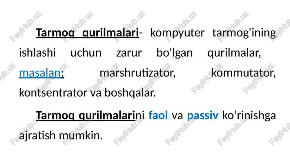 olib yuborish xab ish faoliyatini sekinlashtiradi. yuklanish ko’payib ketadi. natijada ma’lumotlar yo’qolishiga olib keladi. tarmoqda kompyuterlar soni oshib borgani sari xabning fik kamayib boradi. konsentratorlar tarmoqning osi modelidagi fizik muhitida ishlaydi, bitta portdan kelgan signalni barcha aktiv portlarga uzatadi. agar bir vaqtda ikki yoki undan ortiq portlardan kirish bo`lsa, kolliziya hosil bo`lib ma`lumot kadrlari buziladi. konsentratorlar doimo yarim dupleks rejimida ishlaydi. yuqorida aytib o`tilgan kolliziyani yo`qotish uchun asosan ko`p sonli konsentratorlarni birlashtirish orqali bu muammoni hal etish mumkin. konsentratorlarning tavsifi: · portlar miqdori – tarmoqqa bog`lanish uchun odatda 4, 5, 6, 8, 16 portli xablar (odatda oxirgi ikkitasi) ishlab chiqariladiva foydalaniladi va bir necha konsentratorlardan foydalanilganda kaskad usulidan foydalaniladi; · ma`lumot almashinish tezligi – konsentratorlarning ma`lumot almashish tezligi odatda 10 va 100 mb/s oralig`ida o`zgarib turadi. tezlik avtomatik ravishda yoki qayta ulagich yordamida o`zgartirilib boriladi. konsentratorlarning afzallik jihati u barcha portlarga axborotni bir xil tezlikda uzatadi; · tarmoq o`tkazmalarining tipi- …