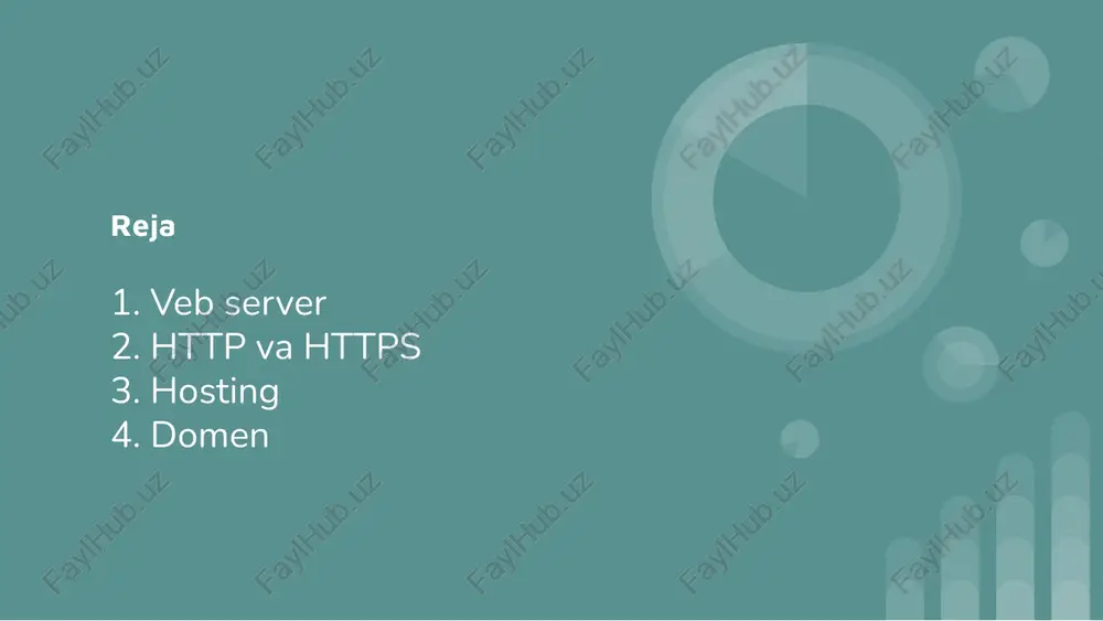 ib, jismoniy va yuridik shaxslarga o'zlarining web-sahifalarini internetga uzluksiz ulangan web-serverlarga joylashtirish xizmatini nazarda tutadi. saytni internetga joylashtirish uchun birinchi navbatda unga joy kerak. veb-sahifalarni internet provayderi serverida joylashtirish va qo'llab-quvvatlash hosting deb ataladi. joy beruvchi kompaniya esa hoster deyiladi. domen domen – ip manzilni takrorlanmas nom bilan belgish. aslida siz hosting xizmatidan foydalanib, saytingizni qaysidir serverga joylashtirganingizda, saytingiz manzili qandaydir ip manzilga teng bo’ladi. masalan, 192.168.162.134 bunday ip manzilni eslab qolish qiyin. agar domen bo’lmaganida saytingizga tashrif buyurish uchun foydalanuvchilar saytingiz ip manzilini eslab qolishlari va brauzerlariga 192.168.162.134 deb yozish orqali saytingizga kirishlari kerak bo’lar edi. domen afzalligi shundaki, u tushunarsiz va eslab qolish qiyin bo’lgan ip manzillarni odamlarga tushunarli, eslab qolish oson bo’lgan chiroyli sayt nomlari aylantiradi. image1.png image2.png www.temok.com web server n http request browser / \ i} \ | | s http response \ a | ierasafe apache [ff |is o< gun mp
