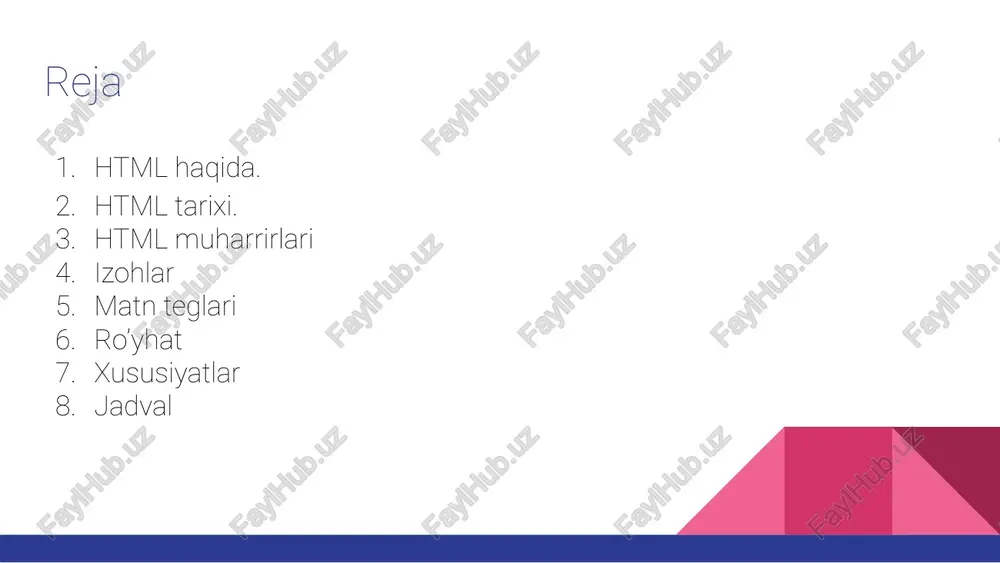 oshqa kabi teglar qo’shildi. html muharrirlari html kodlarini istalgan matn muharrirlarinda yozish mumkin. atom notepad ++ sublime text adobe dreamweaver cc visual studio code htmlning ko’rinish - deklaratsiya hujjati turini ifodalaydi. majuriy emas. - html sahifalashning asosiy elementi hisobga olinadi. - html ning bosh qismi hisoblanadi. - html ning tana qismi hisoblanadi. - html tegning yopiluvchisi izohlar izohlar - dastur kodlarni tahrir qilish oson bo’lishi uchun qo’llaniladi. izohlar brauzerda ko’rinmaydi. htmlda izohlar quyidagicha ko’rinishda bo’ladi. teglar htmlda teglar boshlanuvchi teg, tarkib (content) va yopiluvchi tegdan iborat bo’ladi. my first heading my first paragraph. bazi bir teglar mavjud, ular faqat boshlanuvchi teglardan iborat. matn teglari (heading) heading 1 heading 2 heading 3 heading 4 heading 5 heading 6 matn teglari - paragraphs - bold text - important text - italic text - emphasized text - marked text - smaller text - deleted text - inserted text - subscript text - superscript …